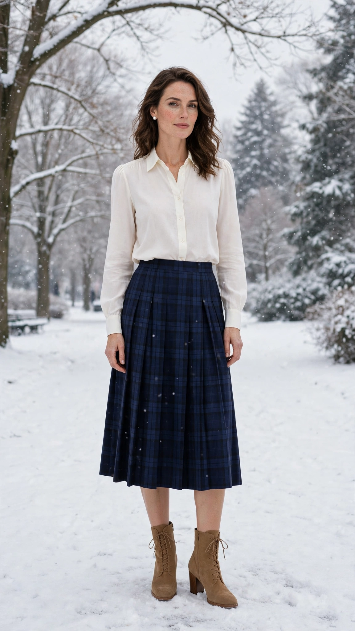 Navy Plaid Skirt with an Ivory Blouse and Tan Boots