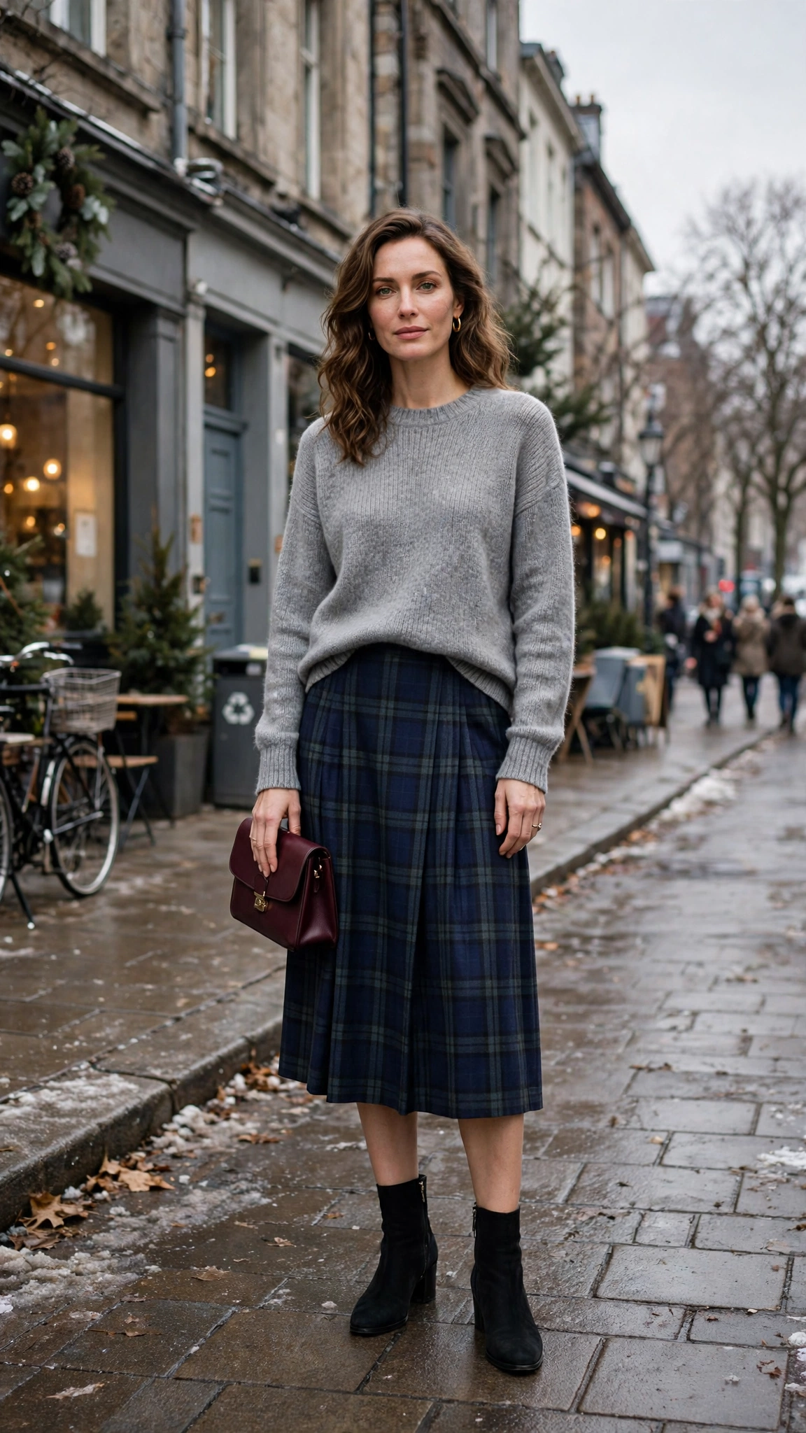 Navy Plaid Skirt with a Grey Sweater and Black Ankle Boots