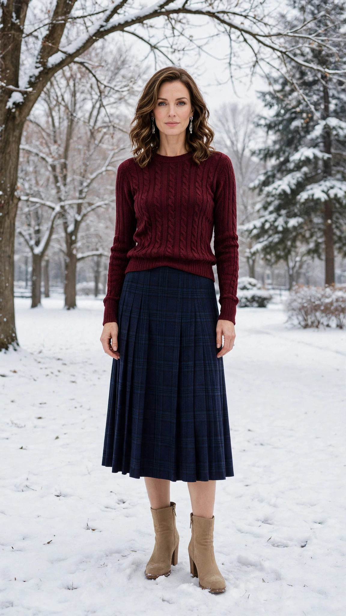 Navy Plaid Skirt with a Burgundy Knit Top and Tan Boots