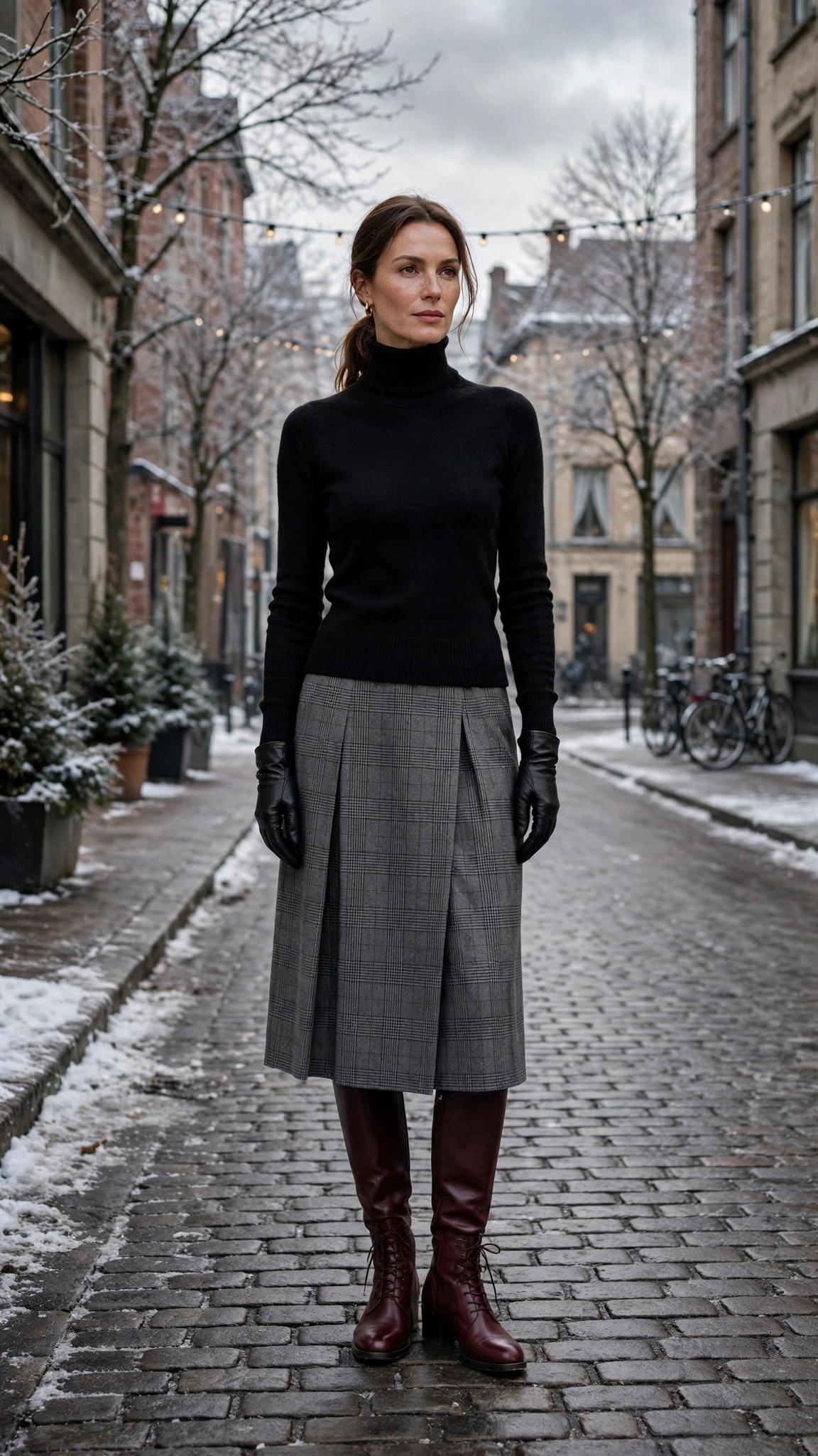 Grey Check Skirt with a Black Turtleneck and Burgundy Boots