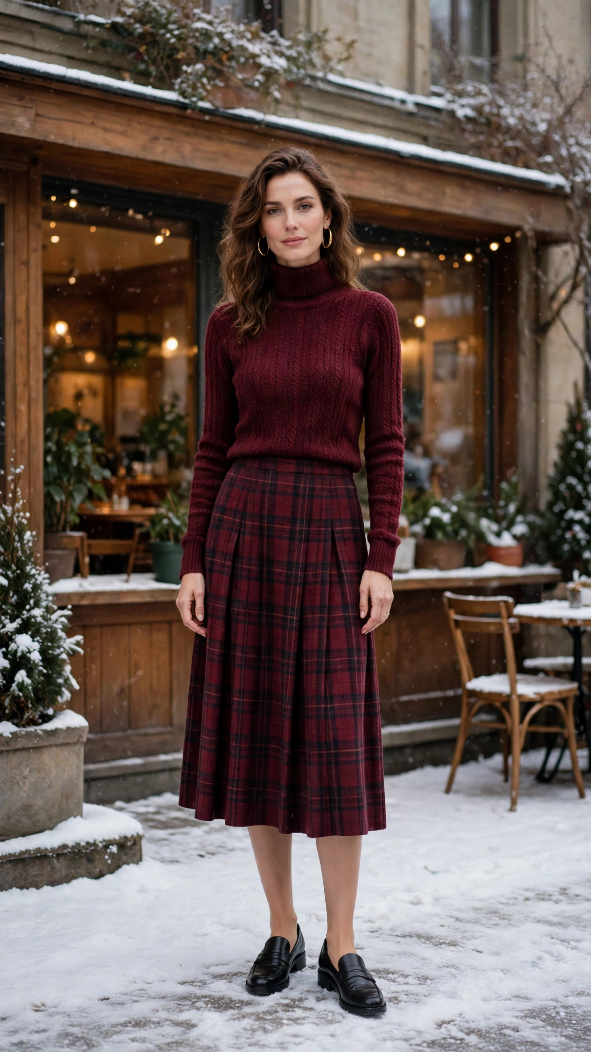 Burgundy Plaid Skirt with a Burgundy Knit Top and Black Loafers