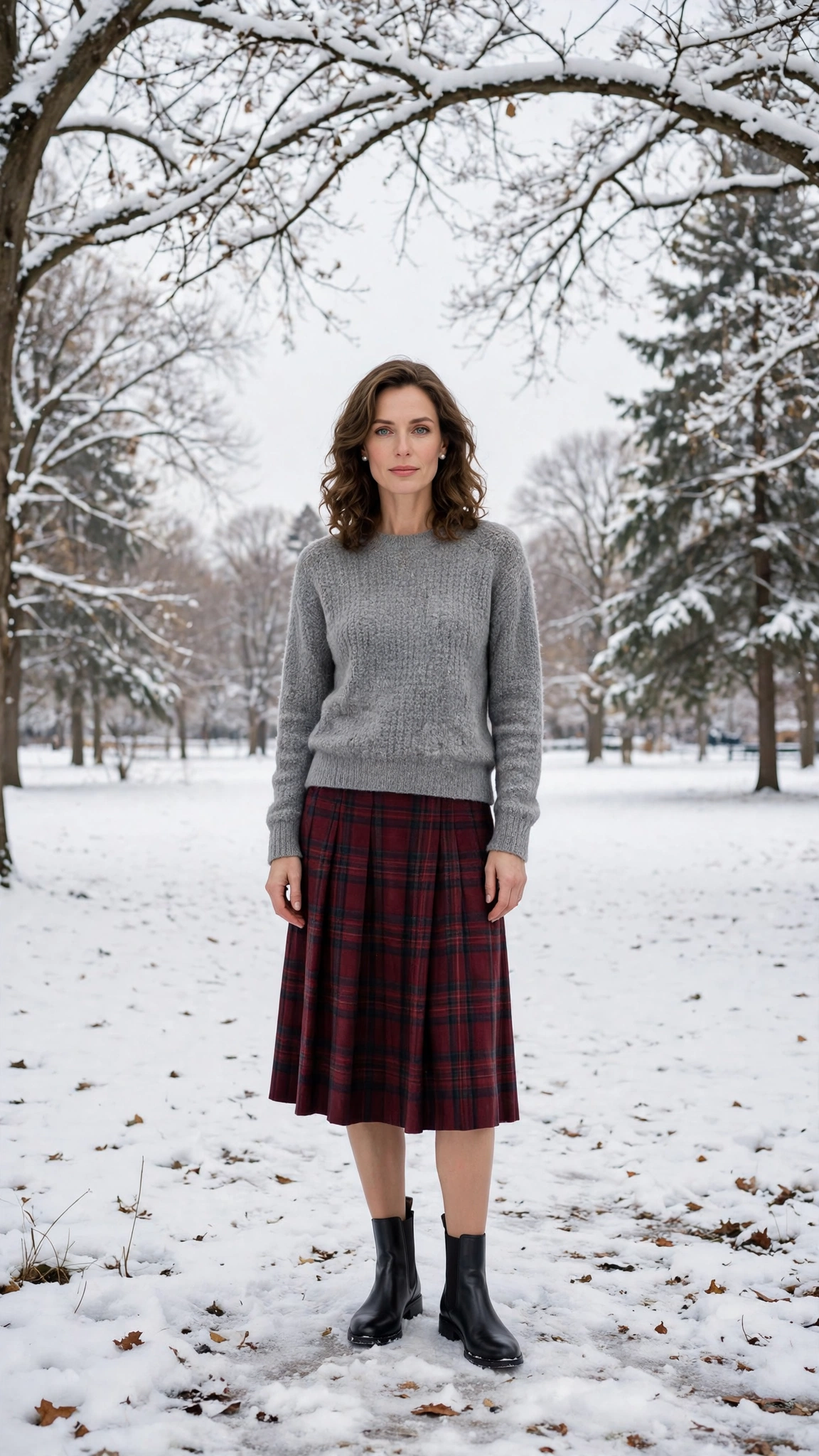 Burgundy Plaid Skirt with a Grey Sweater and Black Chelsea Boots