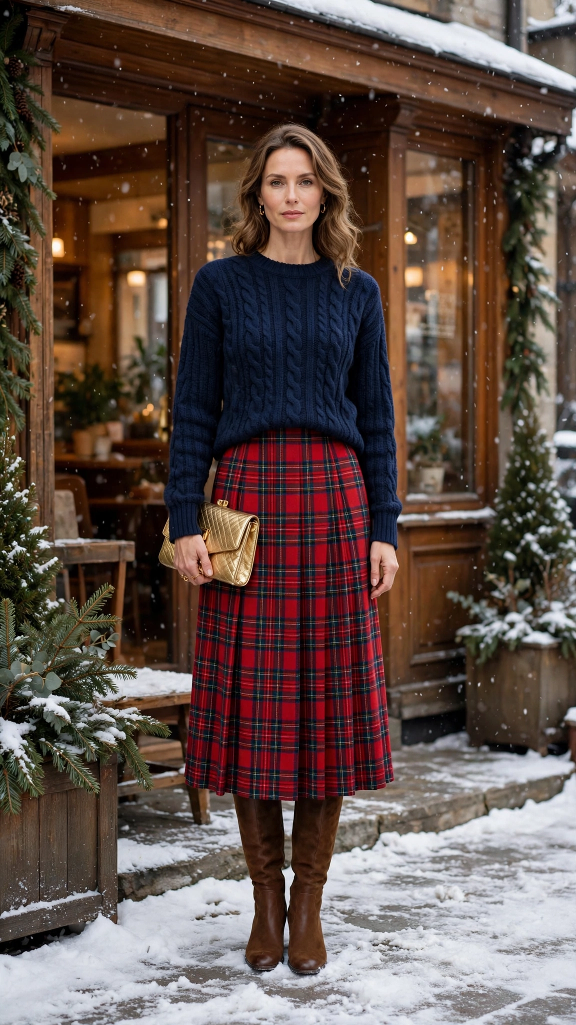 Red Plaid Midi Skirt with a Navy Sweater and Brown Knee Boots