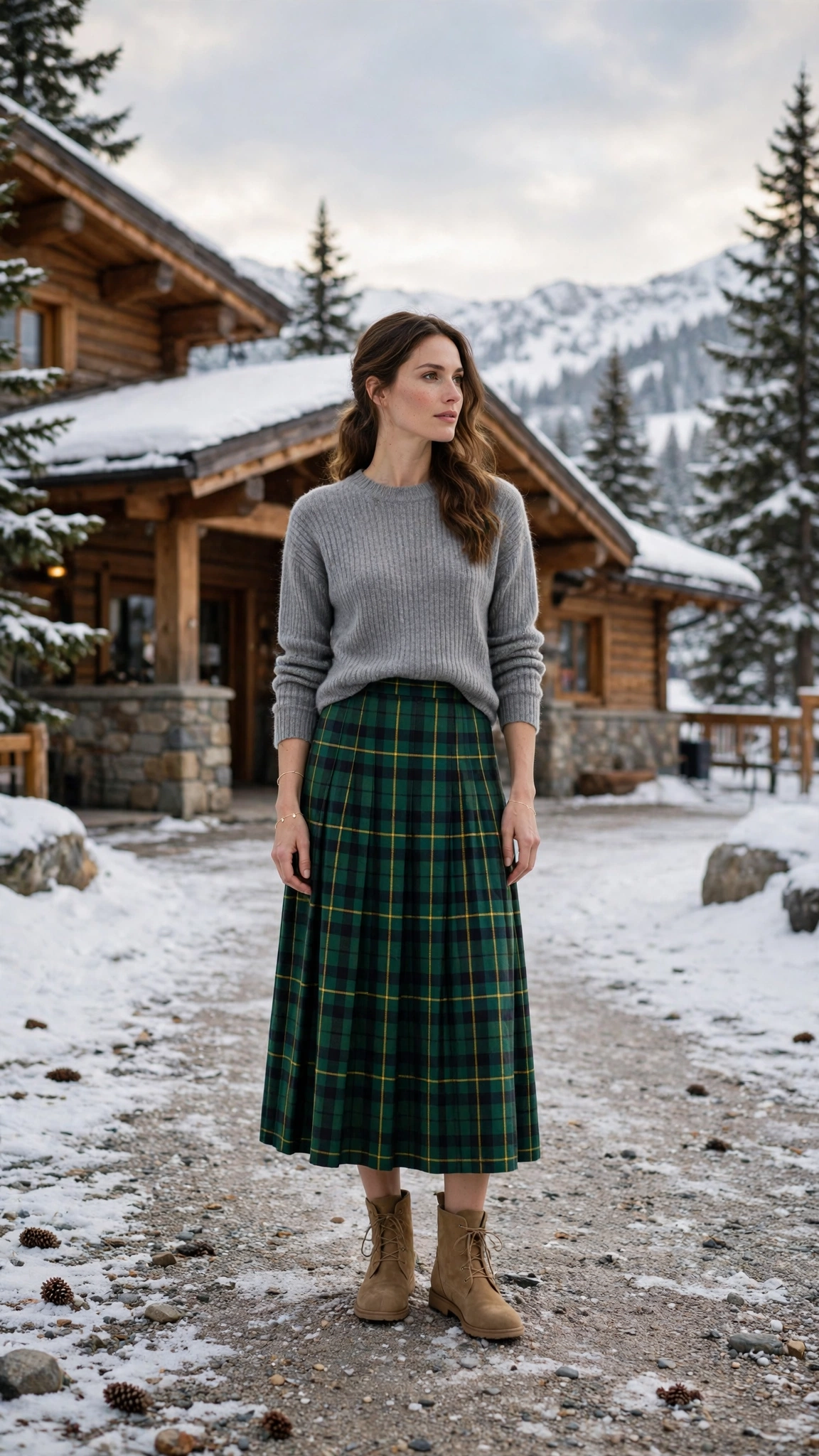 Green Tartan Skirt with a Grey Sweater and Tan Boots