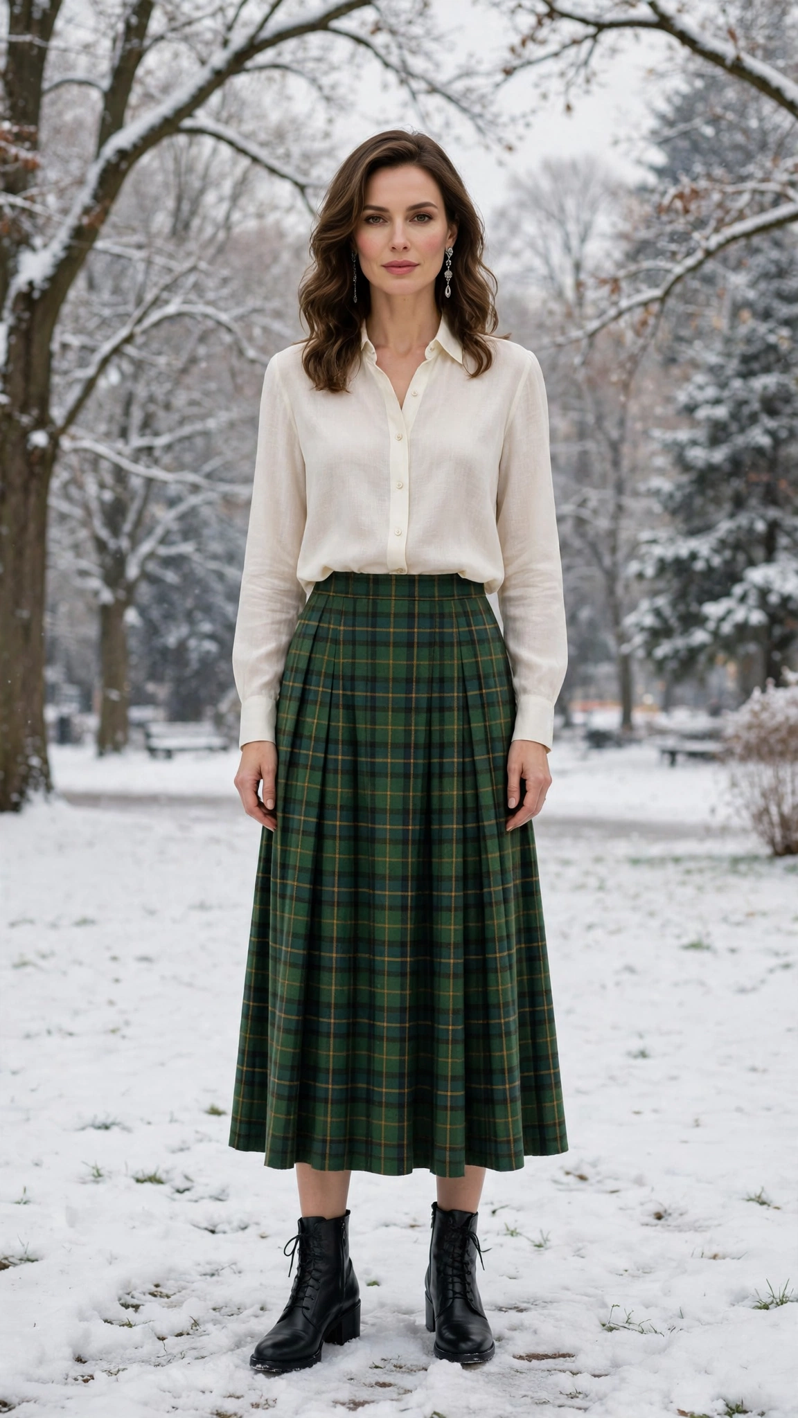 Green Tartan Skirt with an Ivory Blouse and Black Ankle Boots