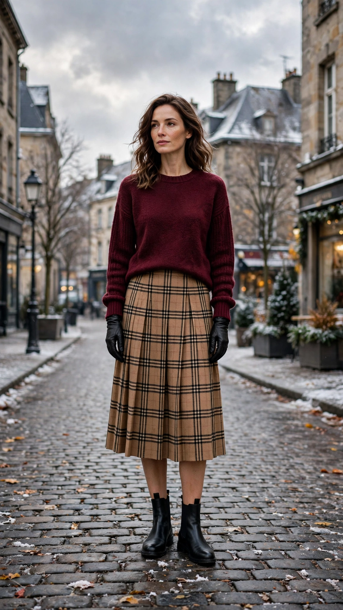 Camel Plaid Skirt with a Burgundy Knit Top and Black Chelsea Boots