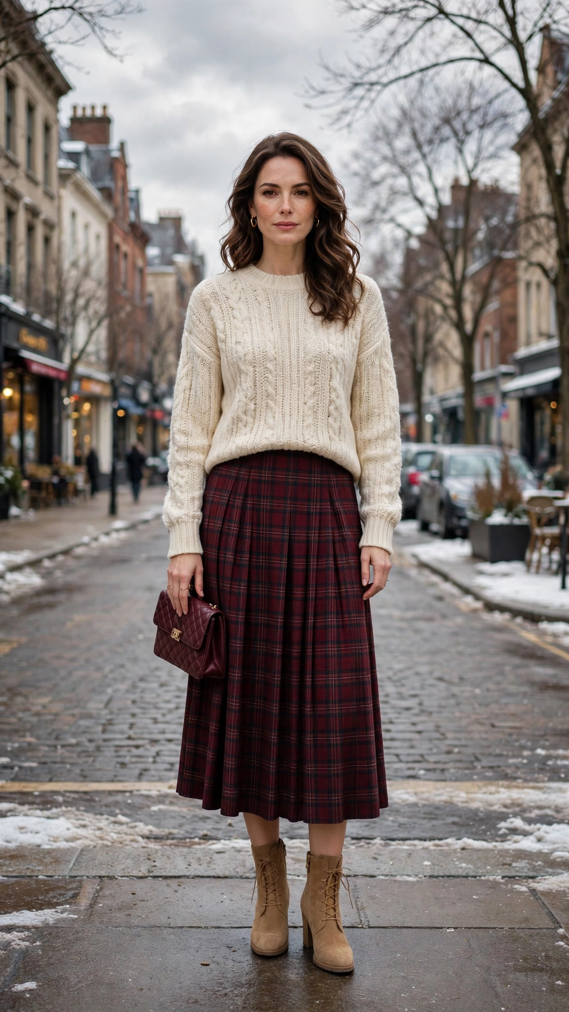 Burgundy Plaid Skirt with a Cream Knit Sweater and Tan Boots