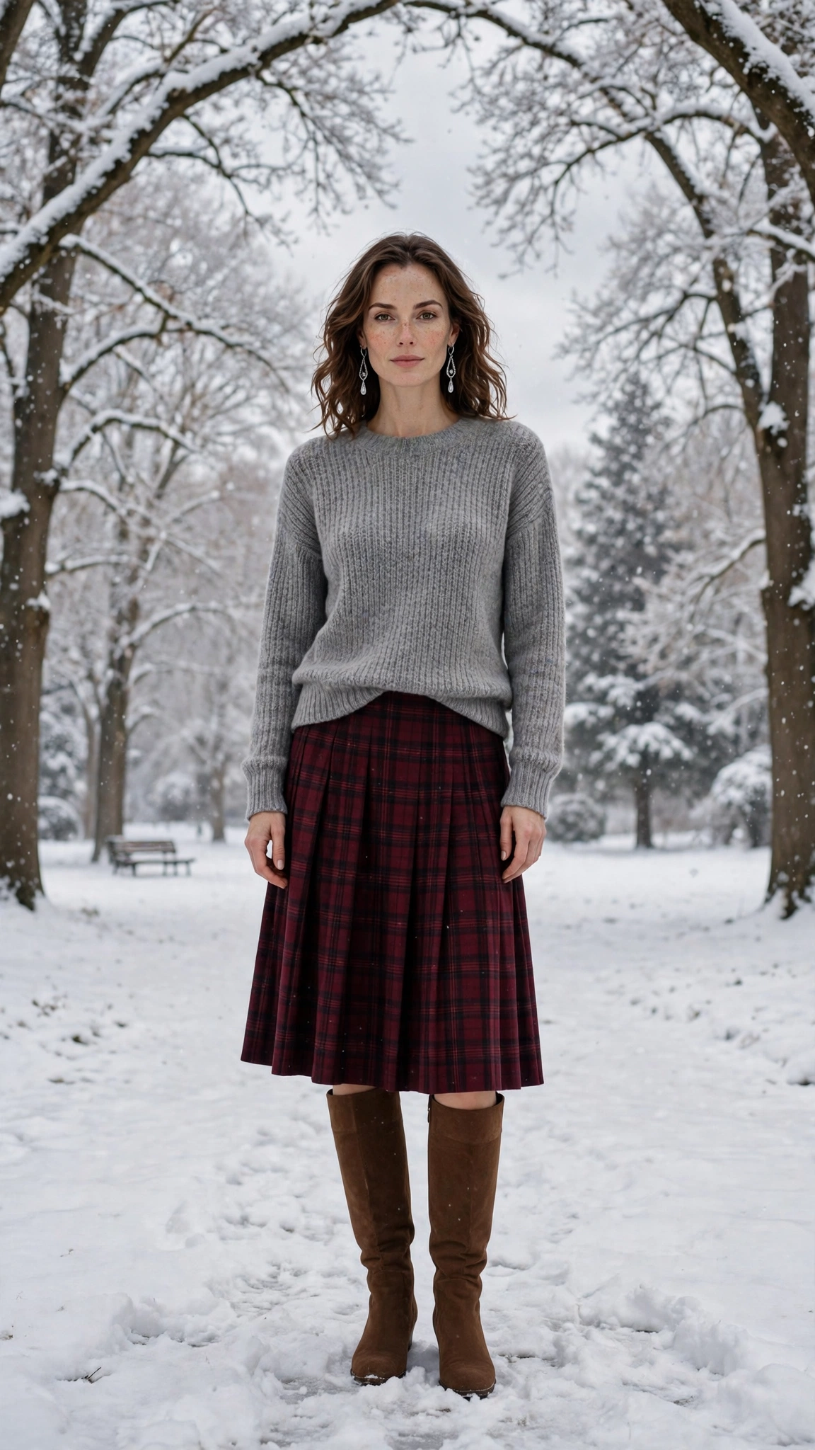 Burgundy Plaid Skirt with a Grey Sweater and Brown Knee Boots
