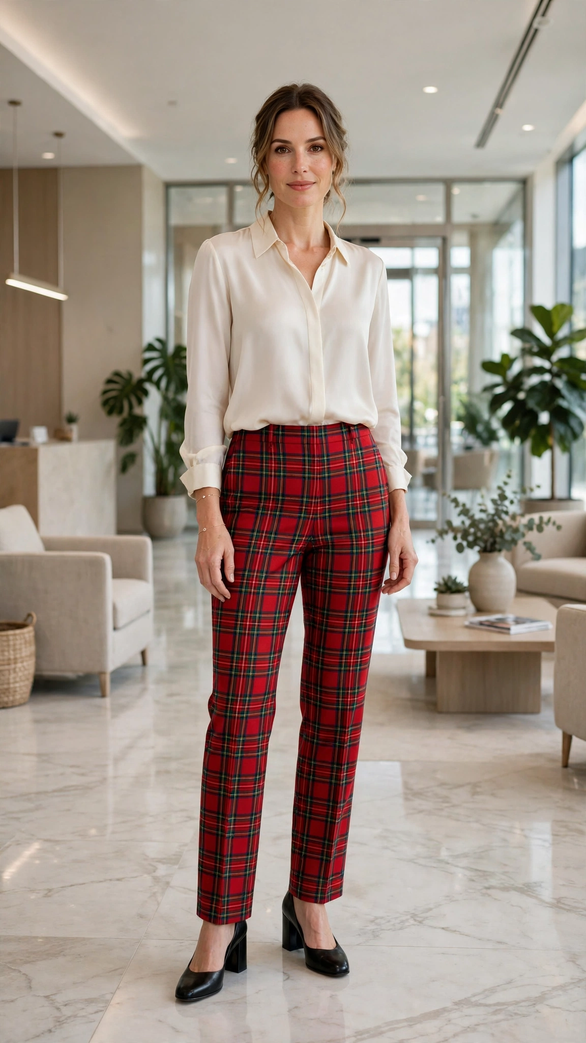 38 Plaid Trouser Outfits for Winter Office Wear That Are Chic, Warm and Elegant 3 Red Tartan Trousers with a Cream Blouse and Black Block Heels