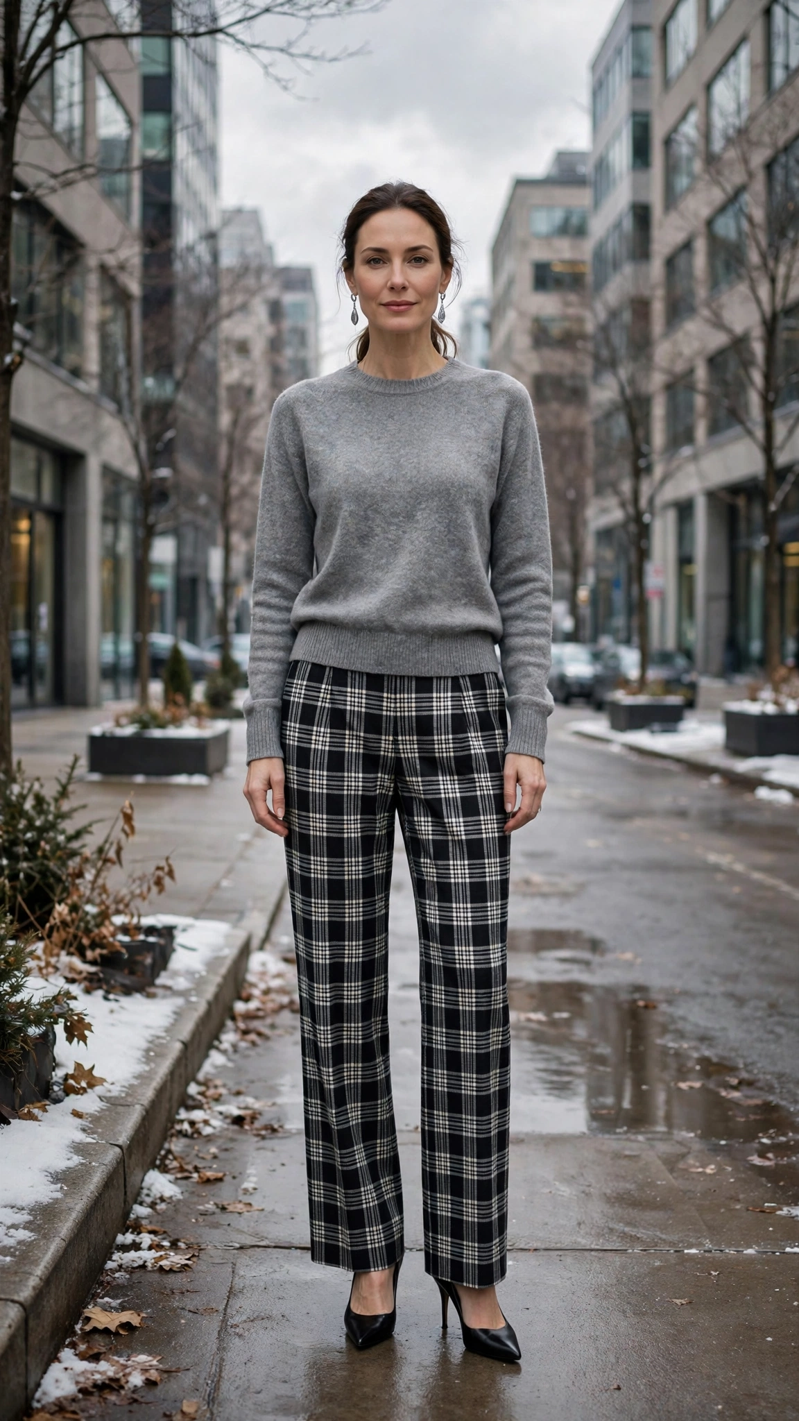 38 Plaid Trouser Outfits for Winter Office Wear That Are Chic, Warm and Elegant 4 Black-and-white Plaid Trousers with a Grey Sweater and Black Pointed Heels