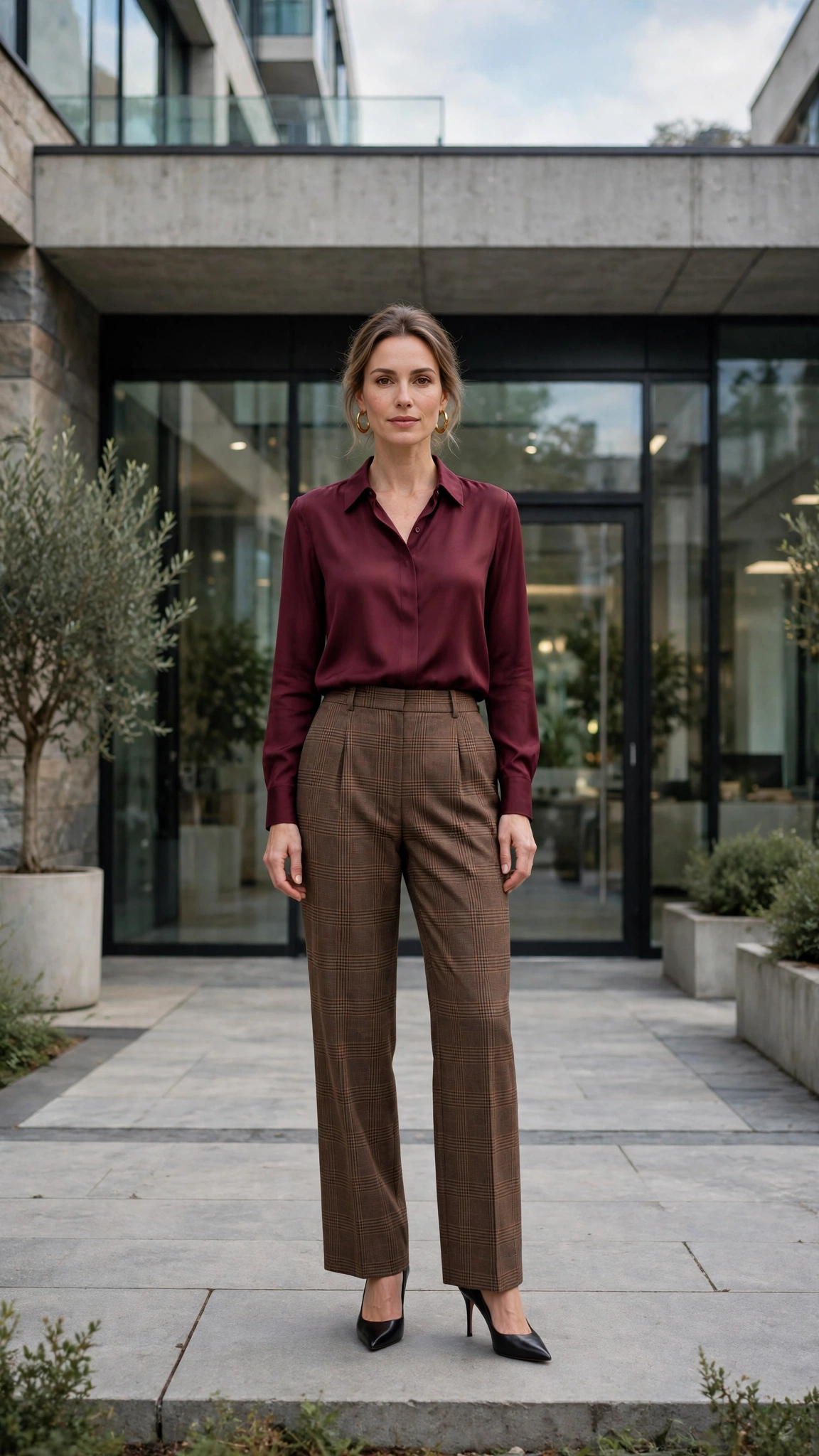38 Plaid Trouser Outfits for Winter Office Wear That Are Chic, Warm and Elegant 6 Brown Check Trousers with a Burgundy Blouse and Black Pointed Heels
