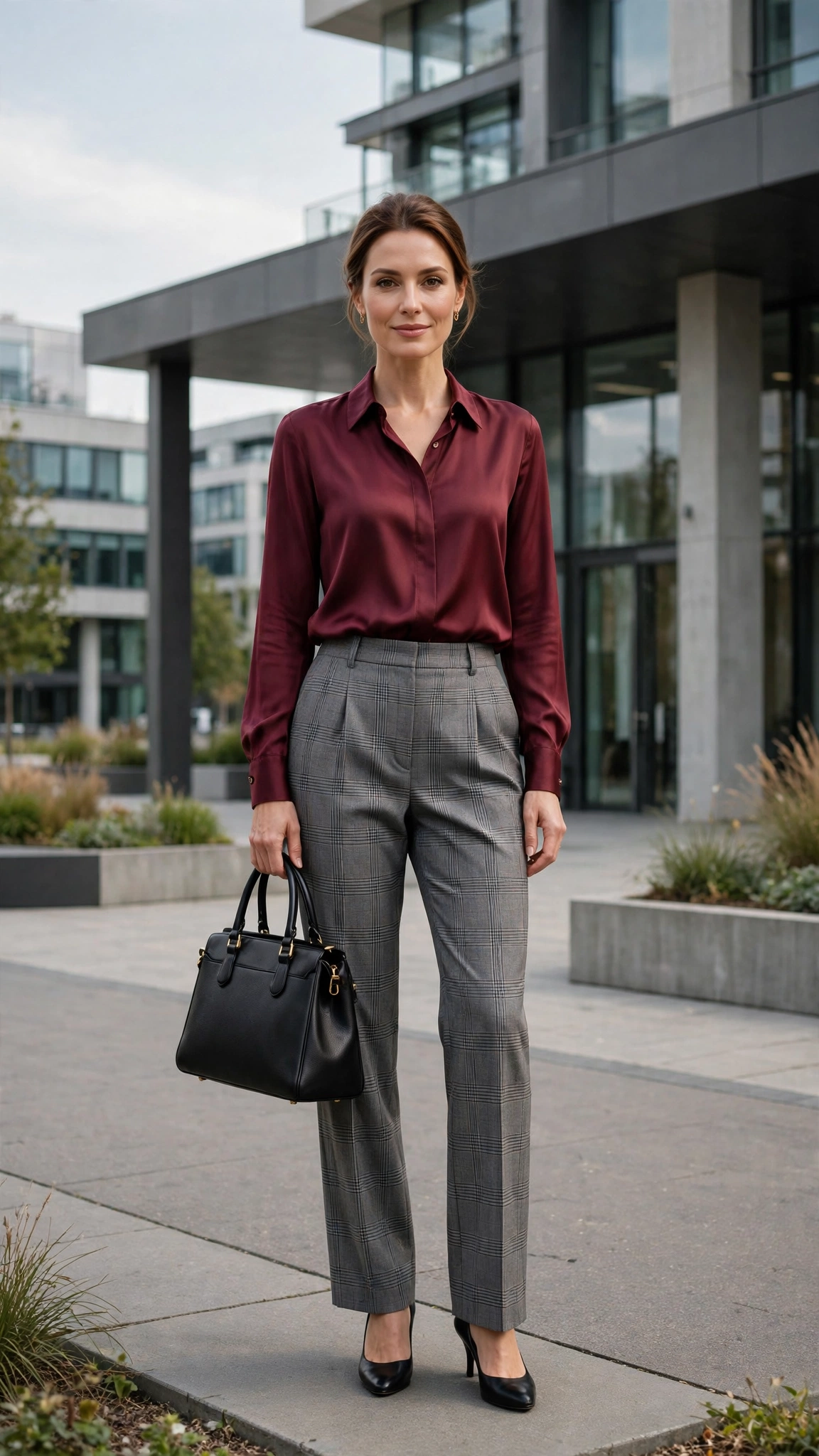 38 Plaid Trouser Outfits for Winter Office Wear That Are Chic, Warm and Elegant 7 Grey Plaid Trousers with a Burgundy Blouse and Black Pumps