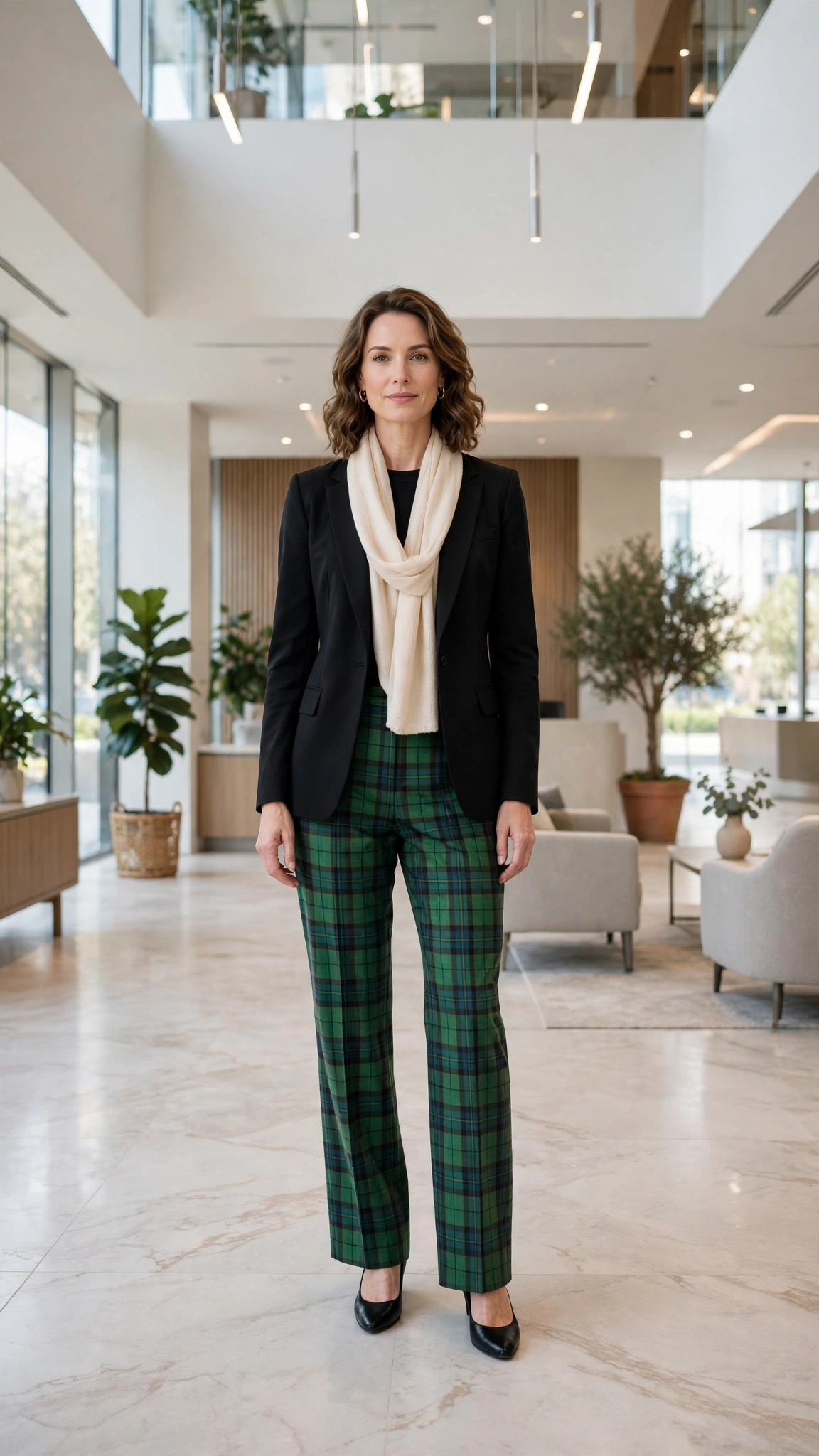 38 Plaid Trouser Outfits for Winter Office Wear That Are Chic, Warm and Elegant 8 Green Plaid Trousers with a Black Blazer and Black Pumps