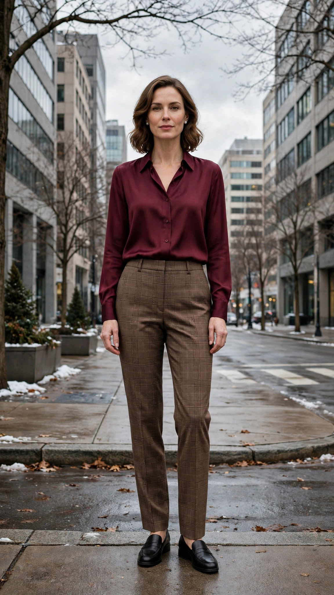 38 Plaid Trouser Outfits for Winter Office Wear That Are Chic, Warm and Elegant 9 Brown Check Trousers with a Burgundy Blouse and Black Loafers