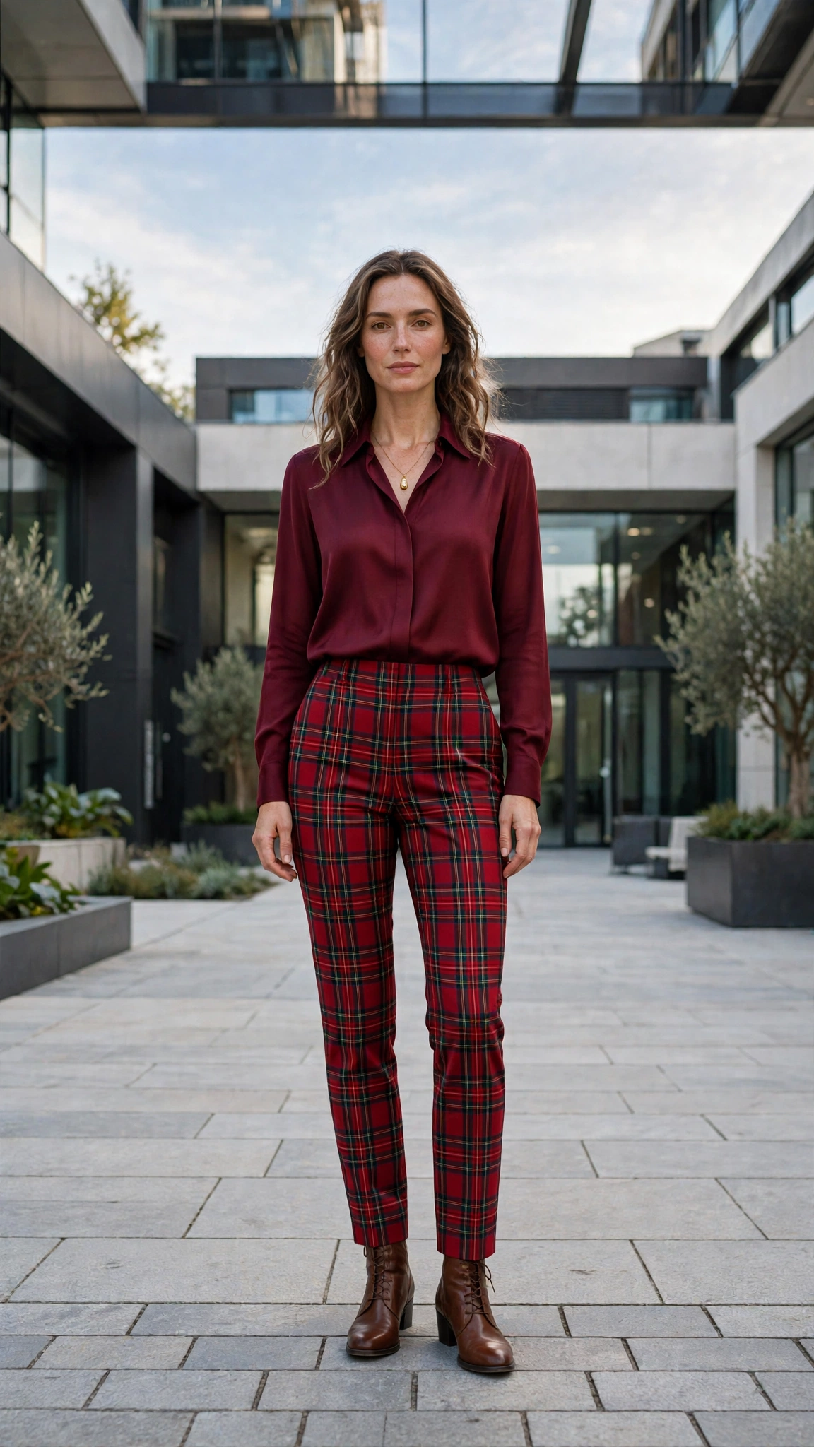 38 Plaid Trouser Outfits for Winter Office Wear That Are Chic, Warm and Elegant 12 Red Tartan Trousers with a Burgundy Blouse and Brown Ankle Boots