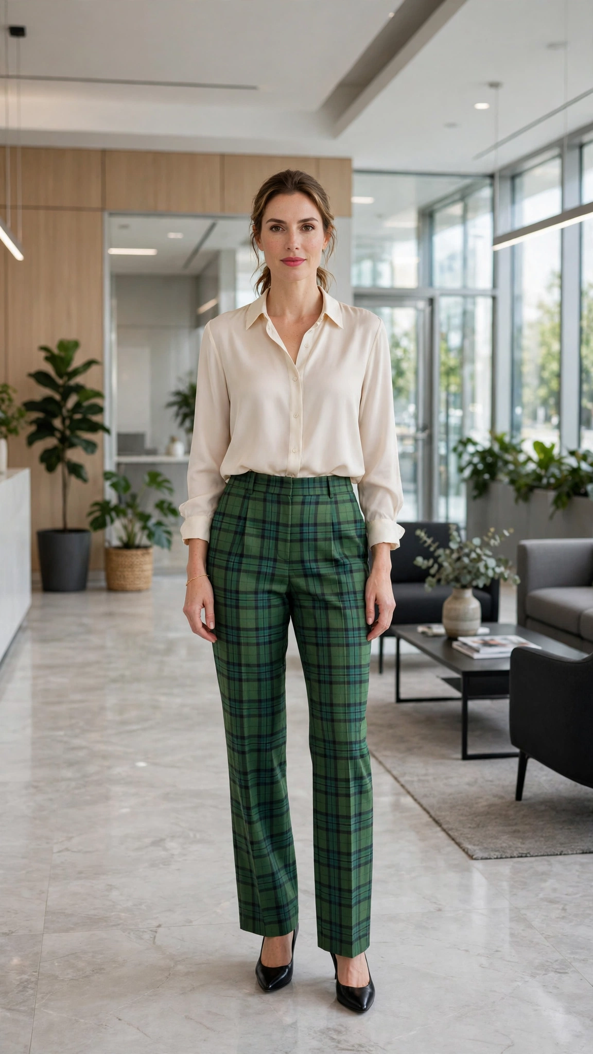 38 Plaid Trouser Outfits for Winter Office Wear That Are Chic, Warm and Elegant 13 Green Plaid Trousers with a Cream Blouse and Black Pumps