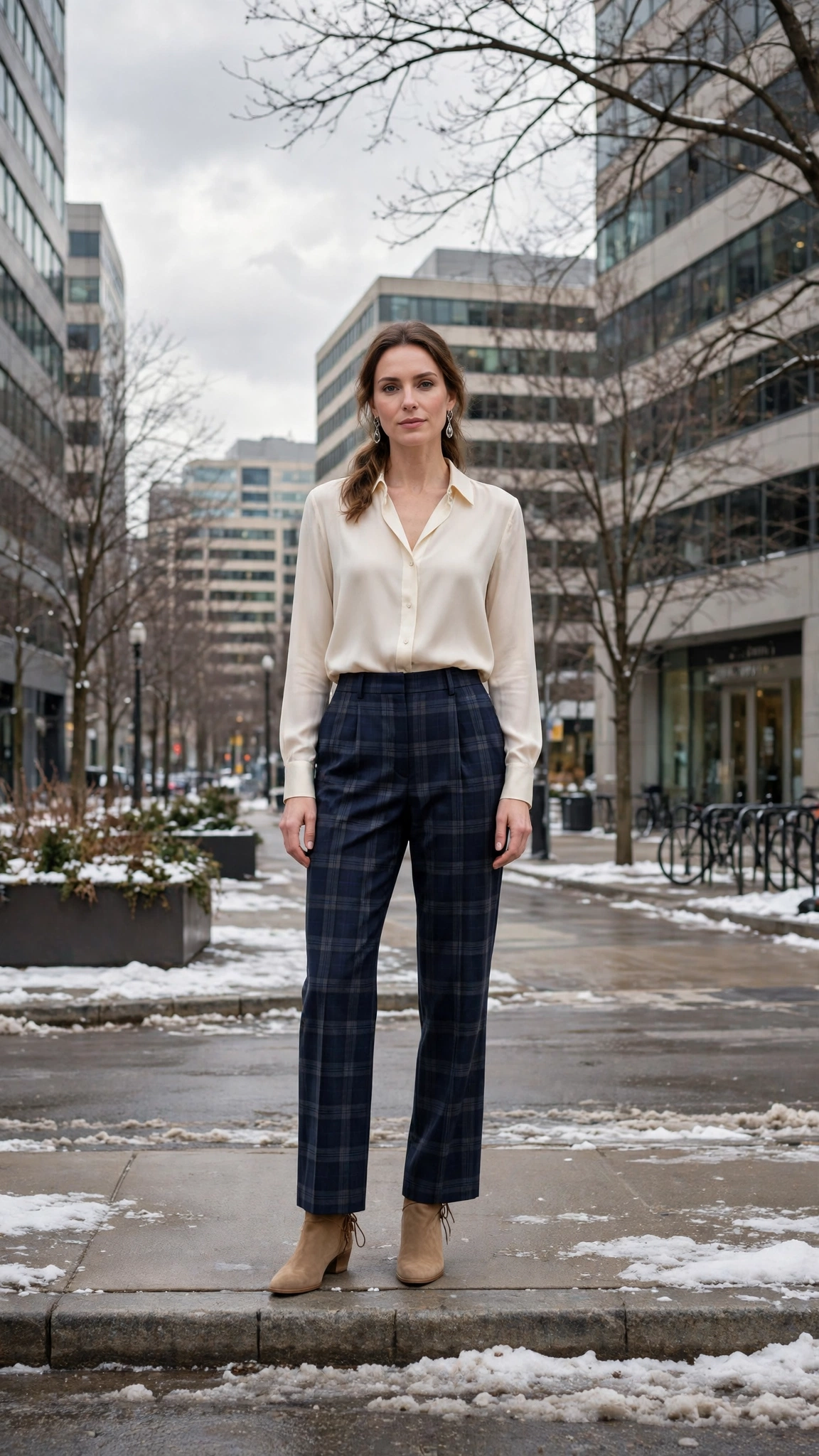 38 Plaid Trouser Outfits for Winter Office Wear That Are Chic, Warm and Elegant 14 Navy Plaid Trousers with a Cream Blouse and Tan Boots