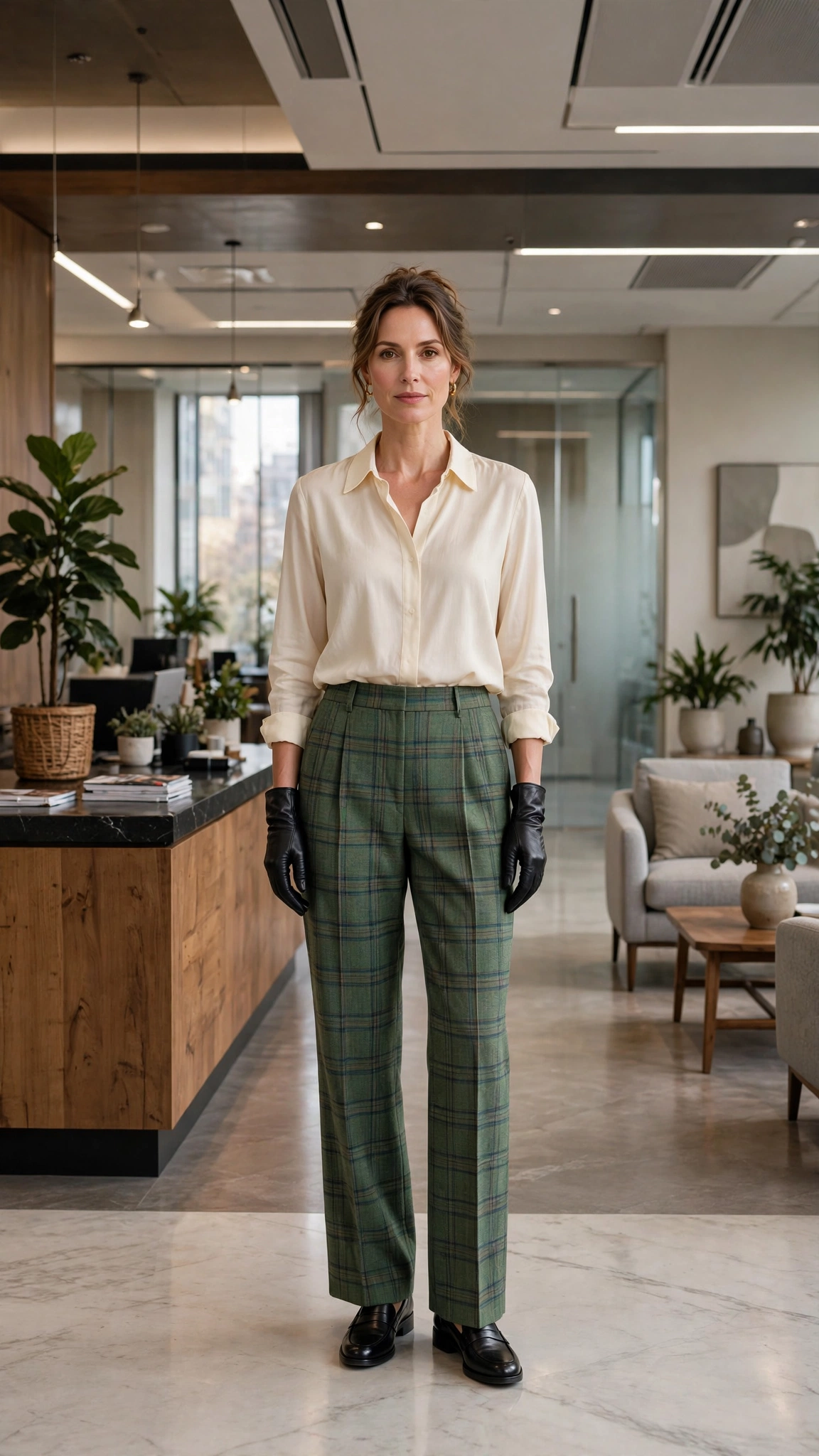 38 Plaid Trouser Outfits for Winter Office Wear That Are Chic, Warm and Elegant 15 Green Plaid Trousers with a Cream Blouse and Black Loafers