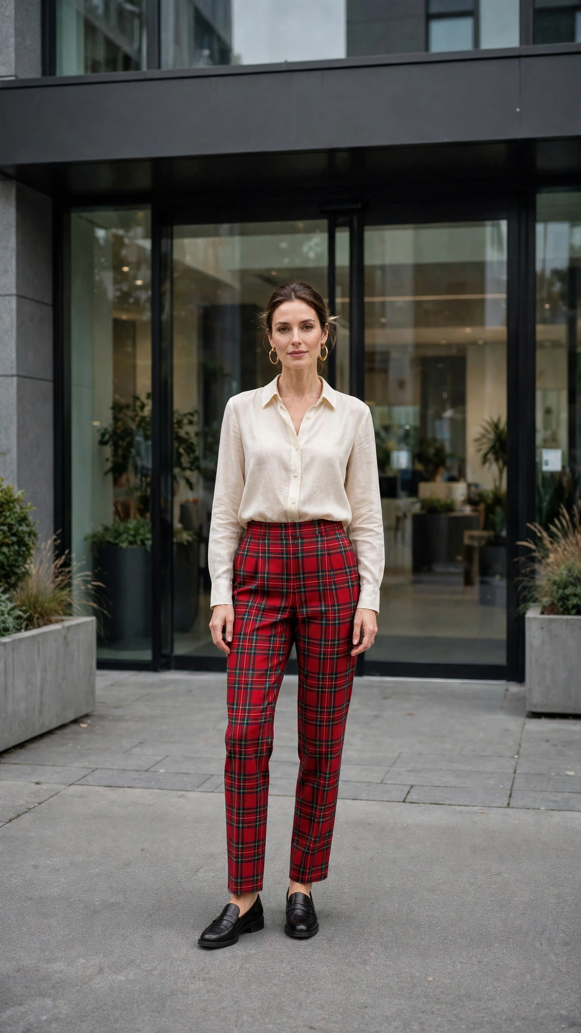 38 Plaid Trouser Outfits for Winter Office Wear That Are Chic, Warm and Elegant 16 Red Tartan Trousers with a Cream Blouse and Black Loafers