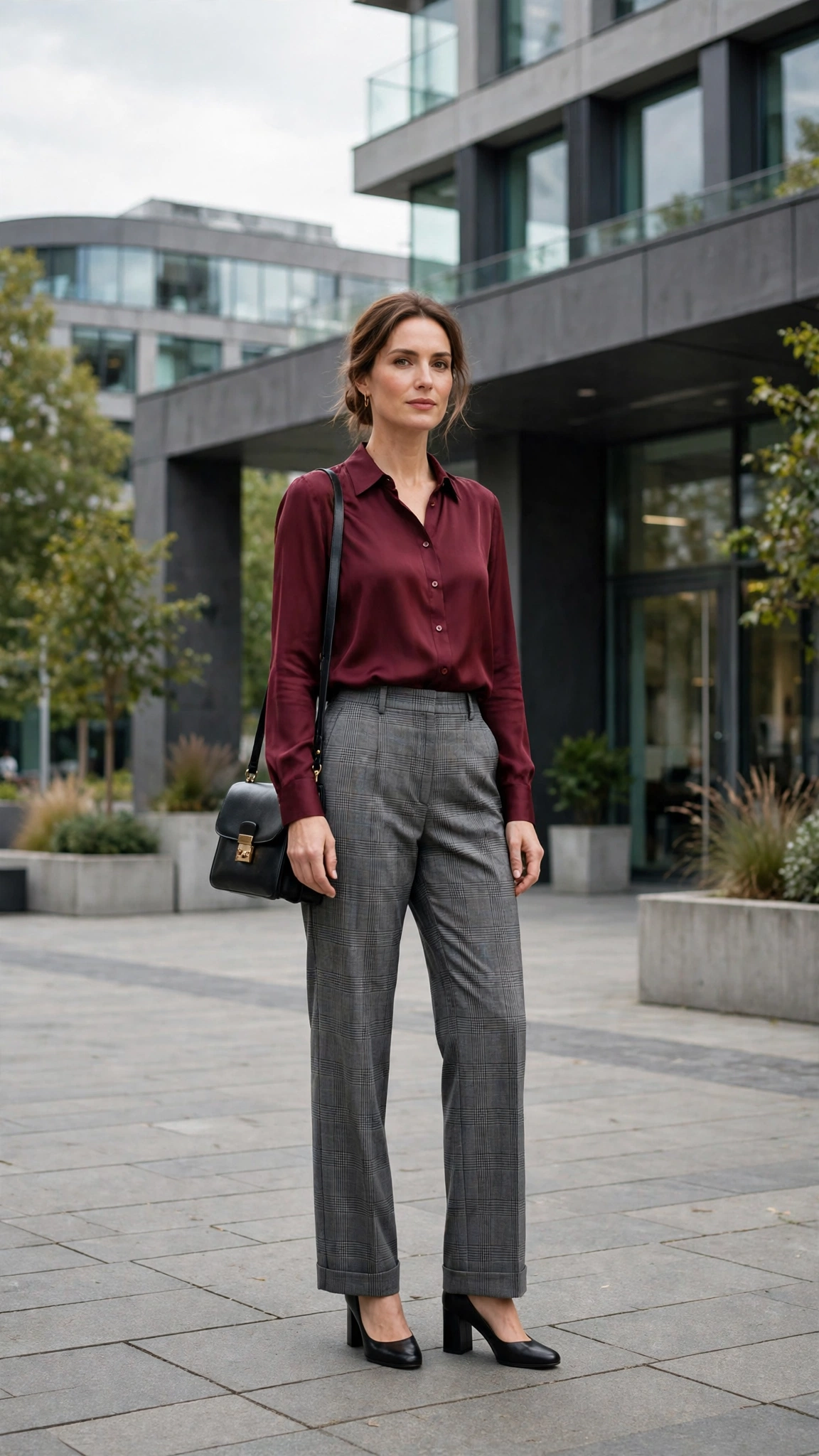 38 Plaid Trouser Outfits for Winter Office Wear That Are Chic, Warm and Elegant 17 Grey Plaid Trousers with a Burgundy Blouse and Black Block Heels