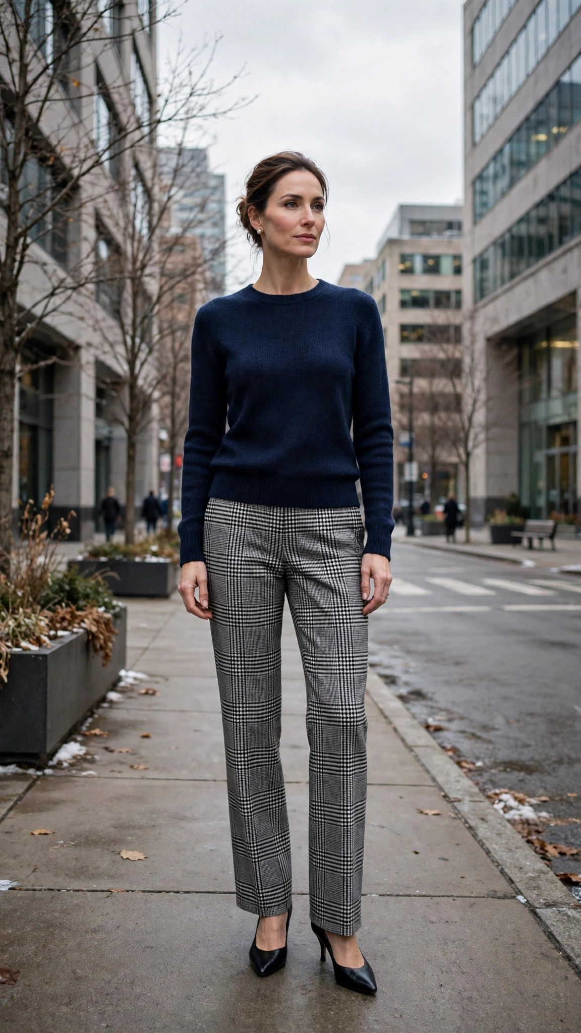 38 Plaid Trouser Outfits for Winter Office Wear That Are Chic, Warm and Elegant 19 Black-and-white Plaid Trousers with a Navy Knit Top and Black Pumps