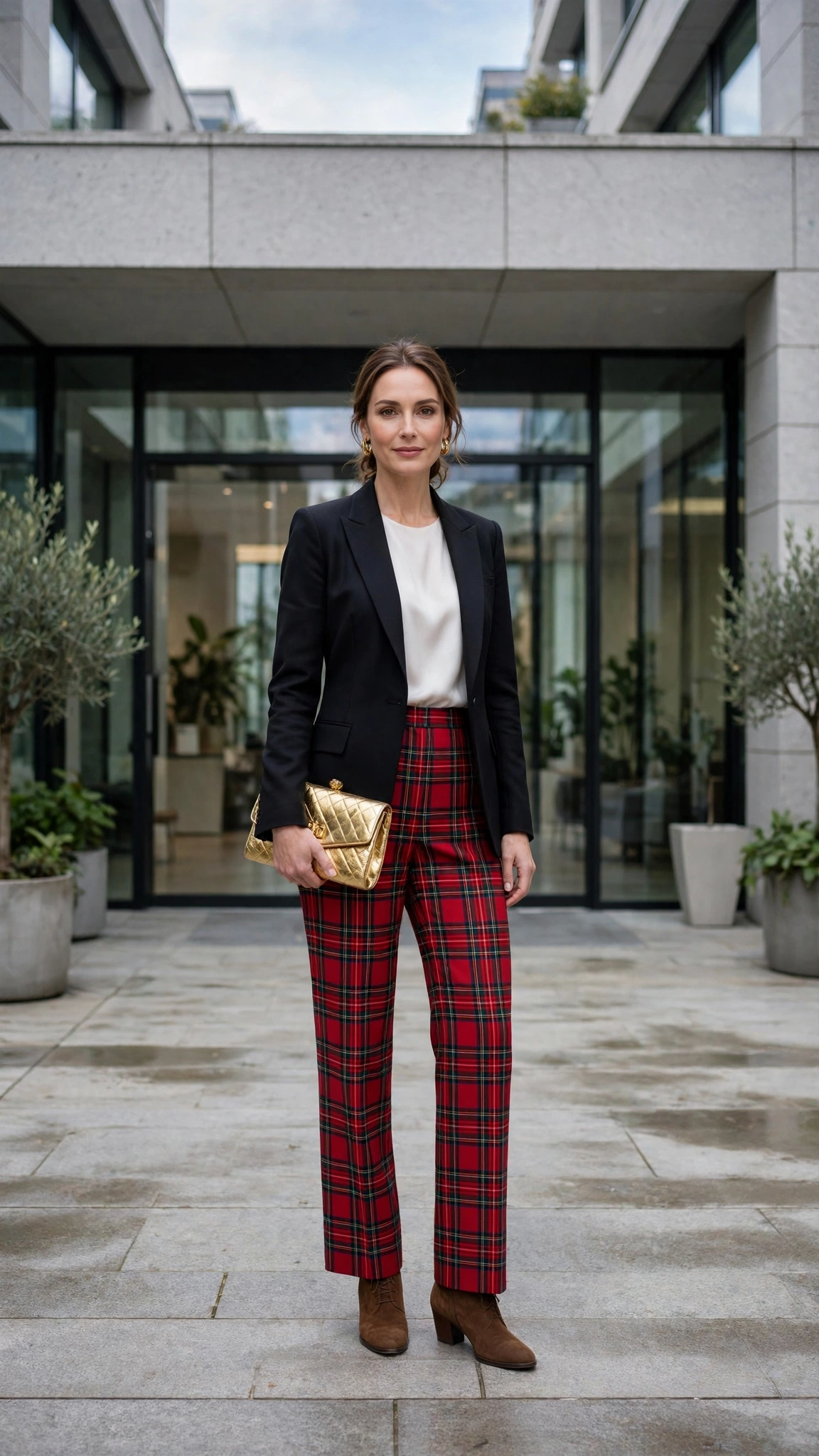 38 Plaid Trouser Outfits for Winter Office Wear That Are Chic, Warm and Elegant 21 Red Tartan Trousers with a Black Blazer and Brown Ankle Boots