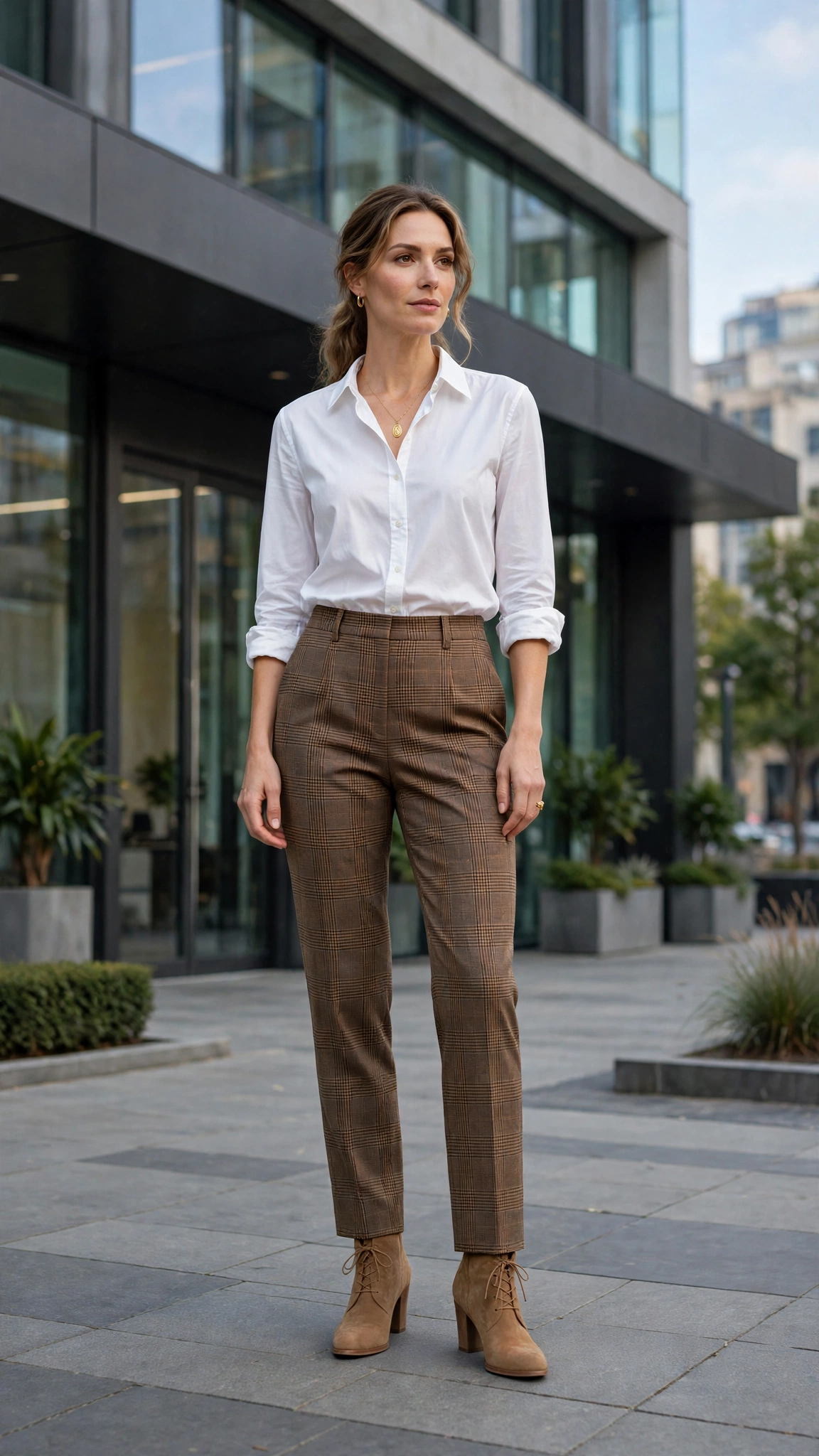 38 Plaid Trouser Outfits for Winter Office Wear That Are Chic, Warm and Elegant 22 Brown Check Trousers with a White Shirt and Tan Boots