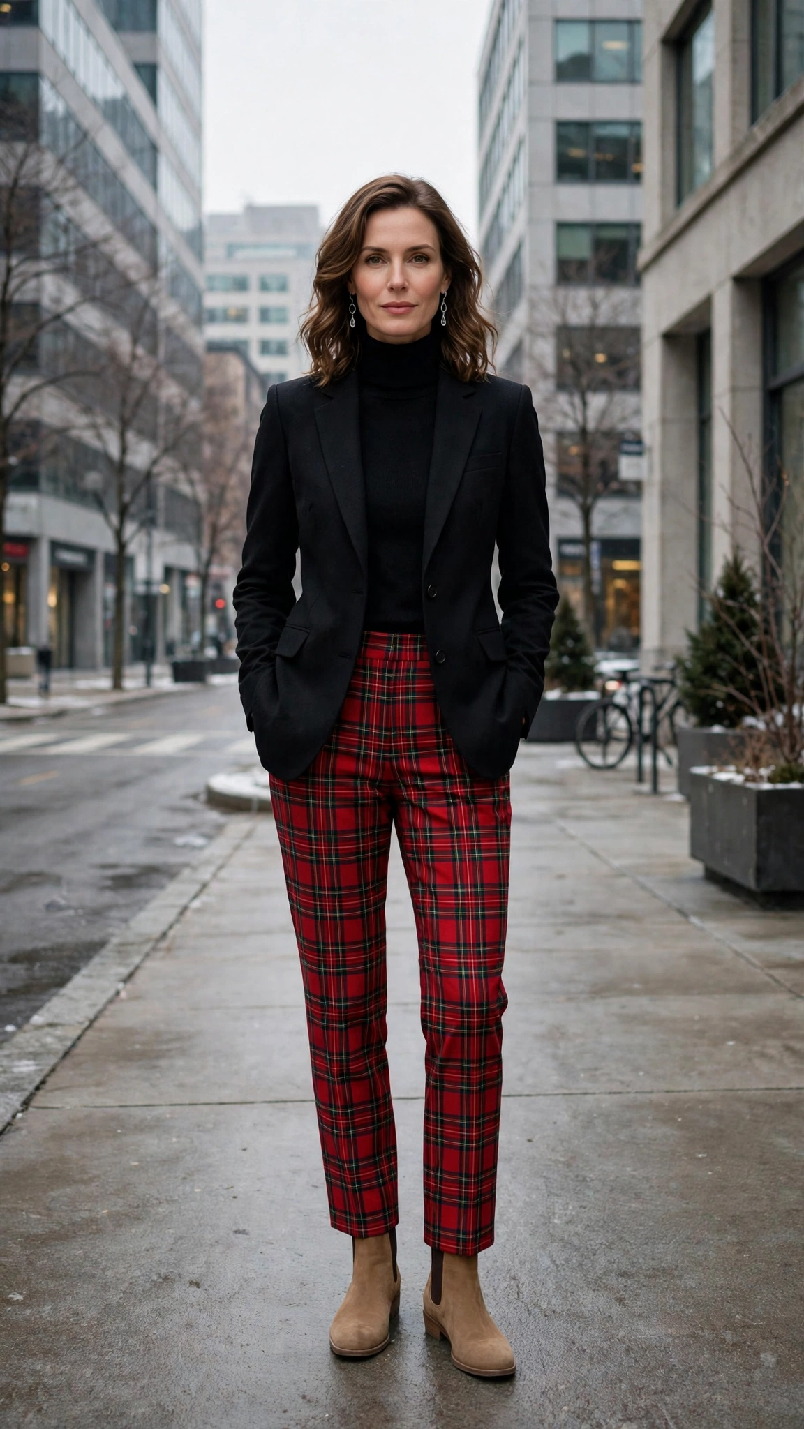38 Plaid Trouser Outfits for Winter Office Wear That Are Chic, Warm and Elegant 24 Red Tartan Trousers with a Black Blazer and Tan Boots
