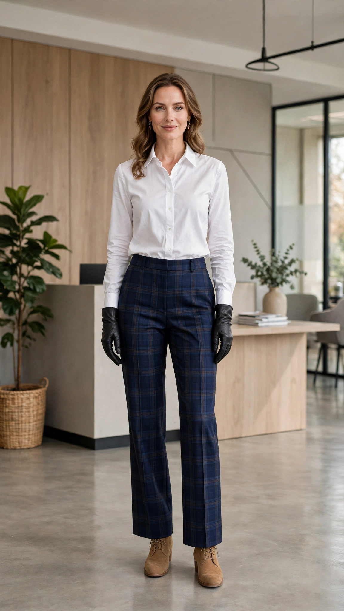 38 Plaid Trouser Outfits for Winter Office Wear That Are Chic, Warm and Elegant 25 Navy Plaid Trousers with a White Shirt and Tan Boots