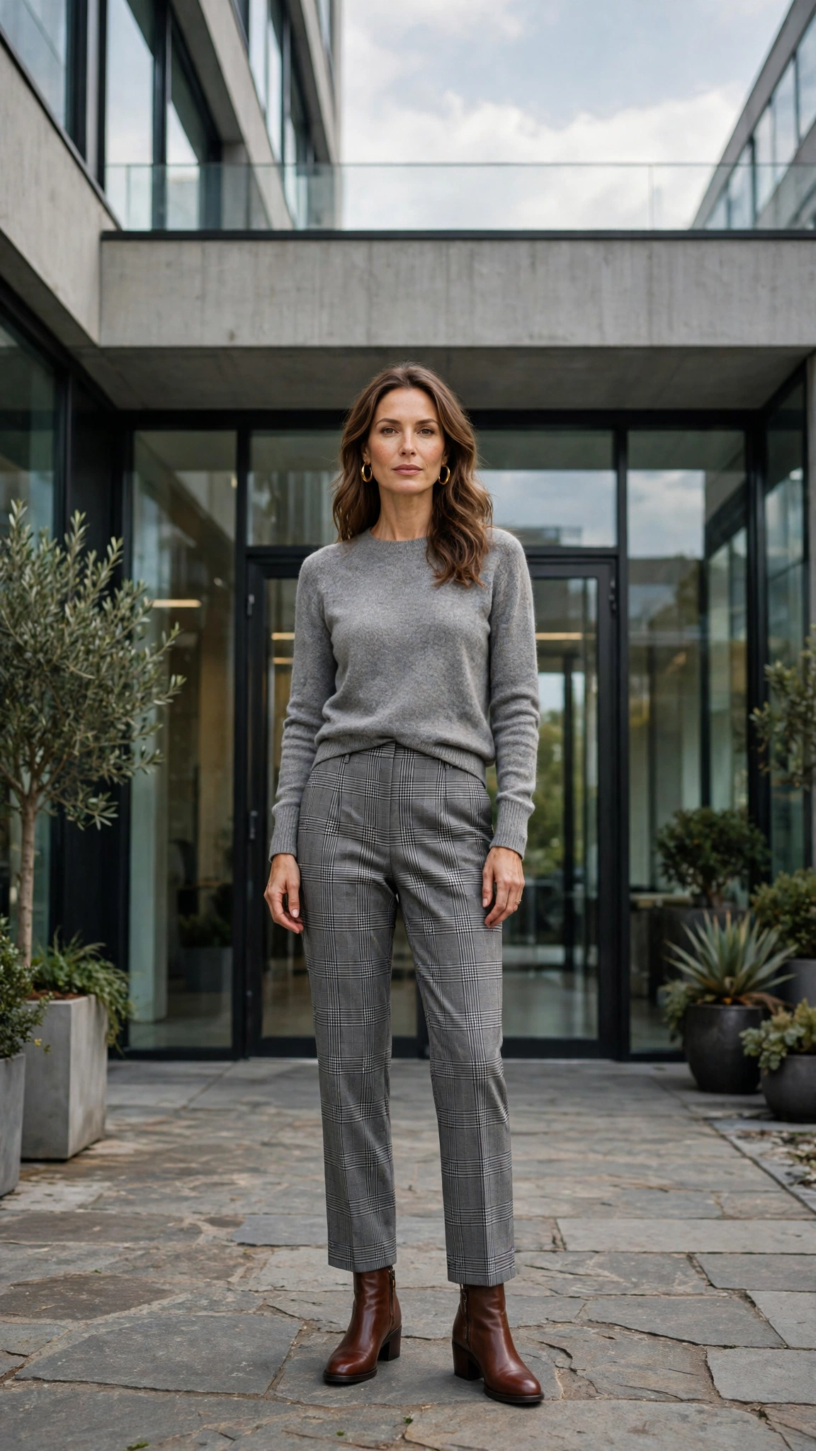 38 Plaid Trouser Outfits for Winter Office Wear That Are Chic, Warm and Elegant 26 Grey Plaid Trousers with a Grey Sweater and Brown Ankle Boots