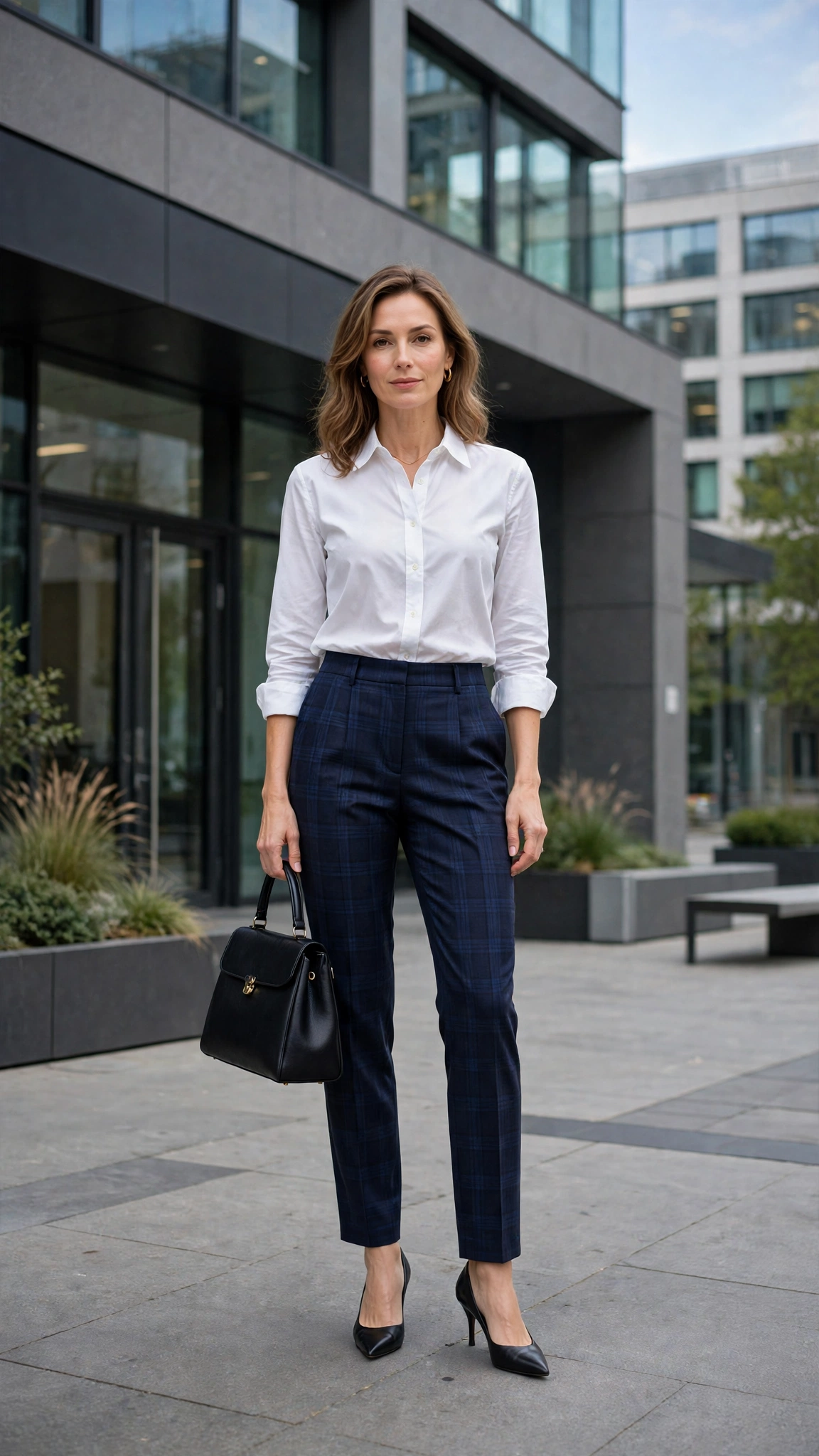 38 Plaid Trouser Outfits for Winter Office Wear That Are Chic, Warm and Elegant 27 Navy Plaid Trousers with a White Shirt and Black Pointed Heels