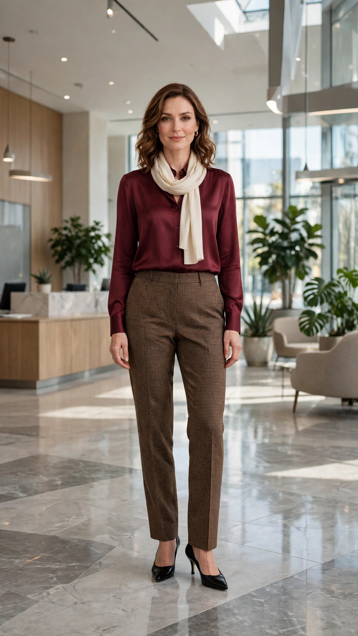 38 Plaid Trouser Outfits for Winter Office Wear That Are Chic, Warm and Elegant 28 Brown Check Trousers with a Burgundy Blouse and Black Pumps