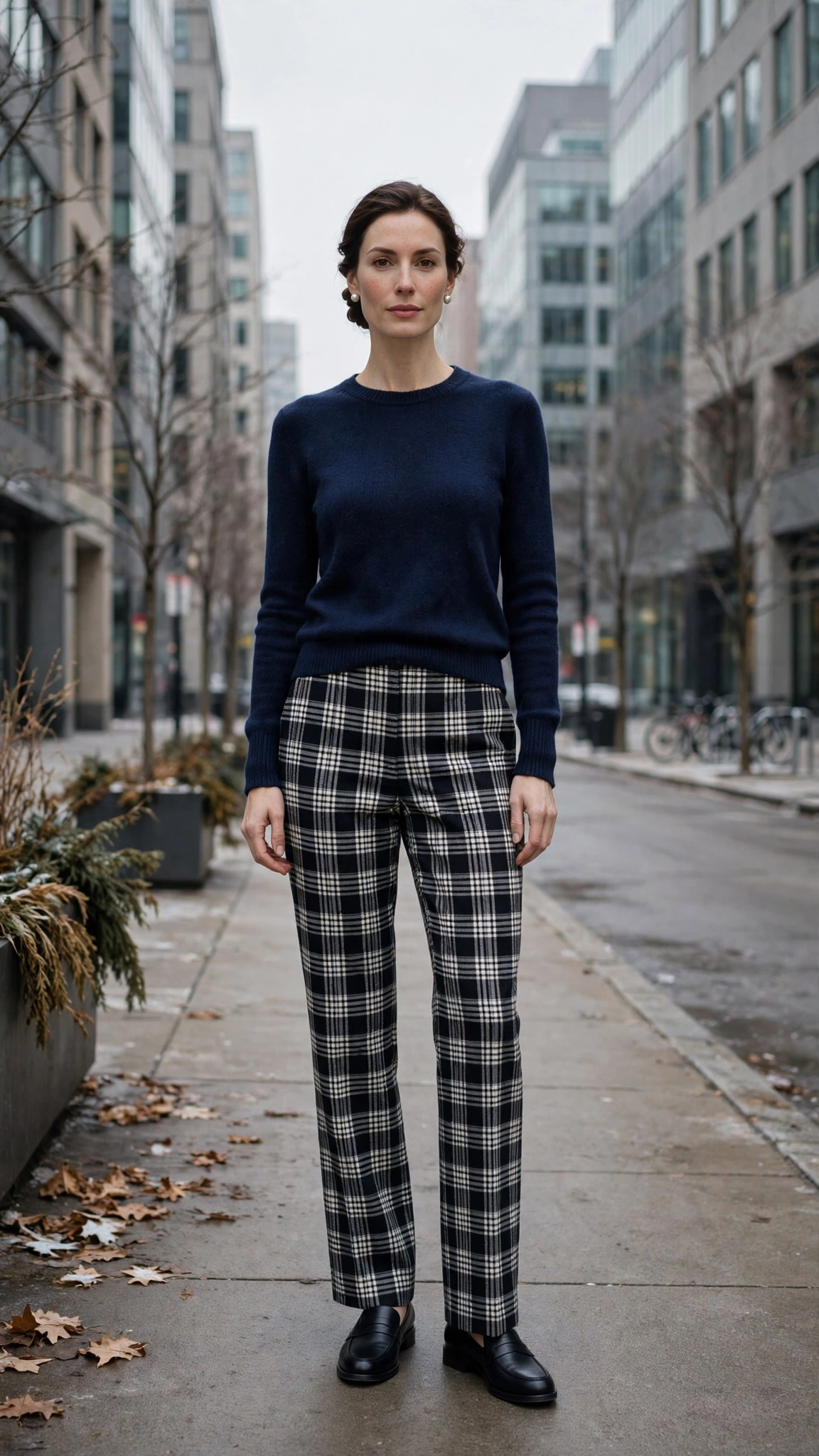 38 Plaid Trouser Outfits for Winter Office Wear That Are Chic, Warm and Elegant 29 Black-and-white Plaid Trousers with a Navy Knit Top and Black Loafers