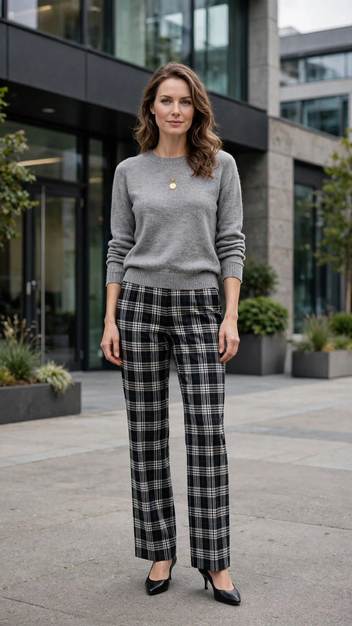 38 Plaid Trouser Outfits for Winter Office Wear That Are Chic, Warm and Elegant 32 Black-and-white Plaid Trousers with a Grey Sweater and Black Pumps