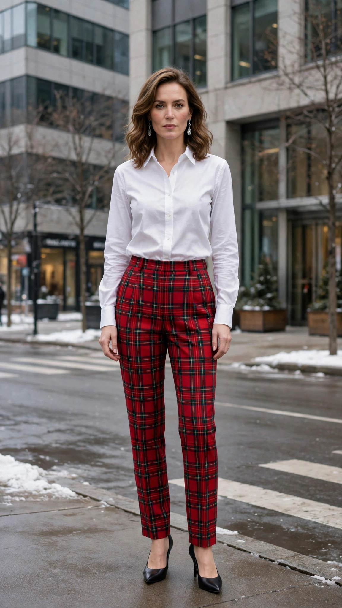 38 Plaid Trouser Outfits for Winter Office Wear That Are Chic, Warm and Elegant 34 Red Tartan Trousers with a White Shirt and Black Pumps