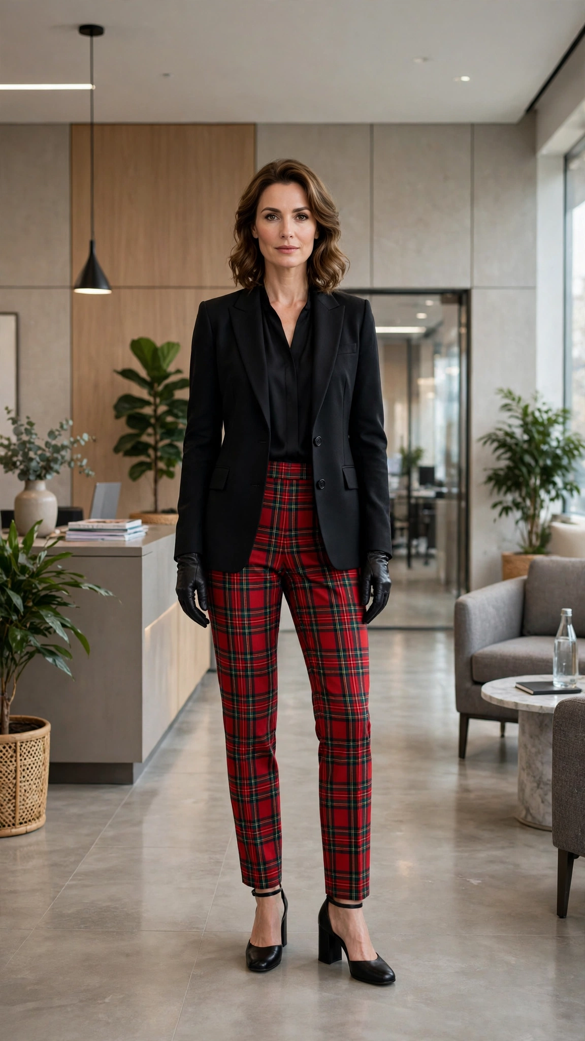 38 Plaid Trouser Outfits for Winter Office Wear That Are Chic, Warm and Elegant 35 Red Tartan Trousers with a Black Blazer and Black Block Heels
