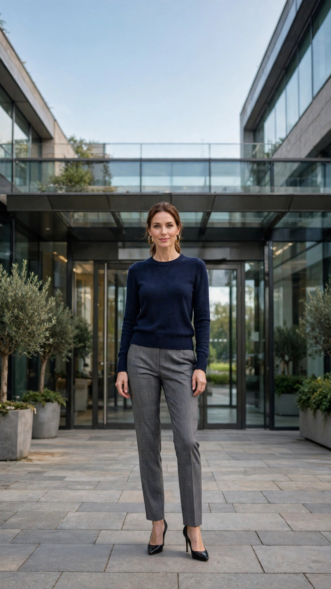 38 Plaid Trouser Outfits for Winter Office Wear That Are Chic, Warm and Elegant 36 Grey Plaid Trousers with a Navy Knit Top and Black Pumps