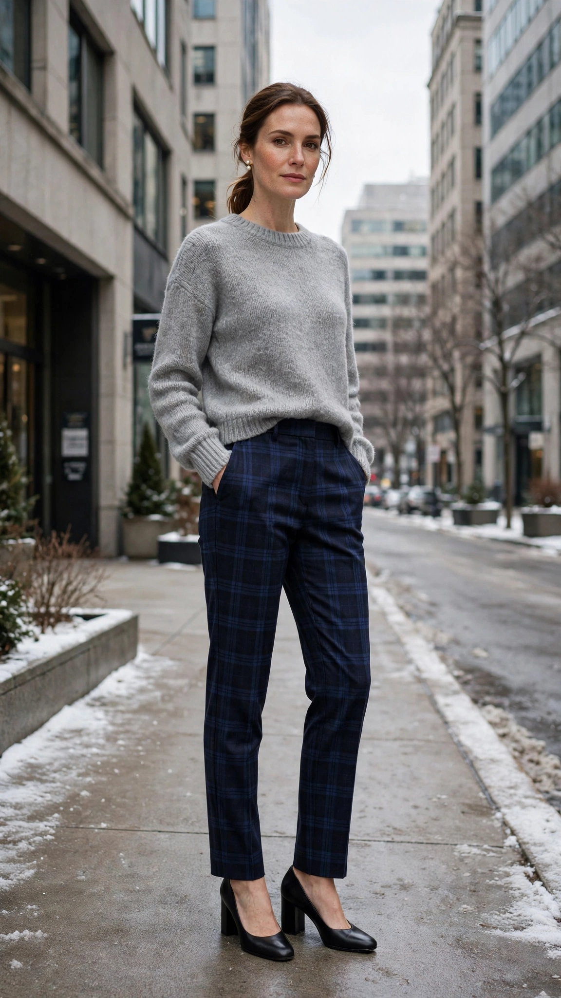 38 Plaid Trouser Outfits for Winter Office Wear That Are Chic, Warm and Elegant 39 Navy Plaid Trousers with a Grey Sweater and Black Block Heels