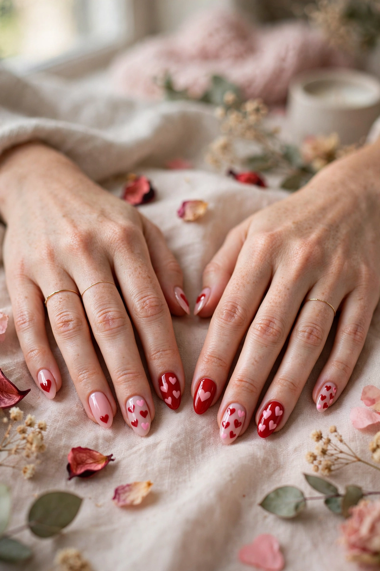Scarlet and Pink Red and Pink Heart Nail Designs in Almond Shape with a Glossy Top Coat