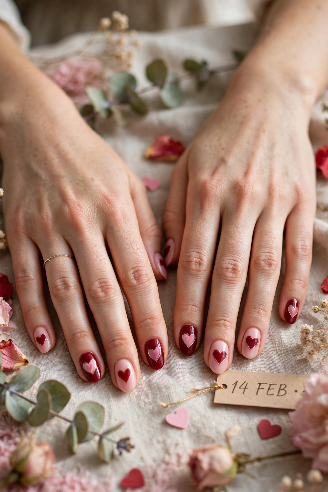 Deep Red and Soft Pink Red and Pink Heart Nail Designs in Oval Shape with a Thin Gold Line