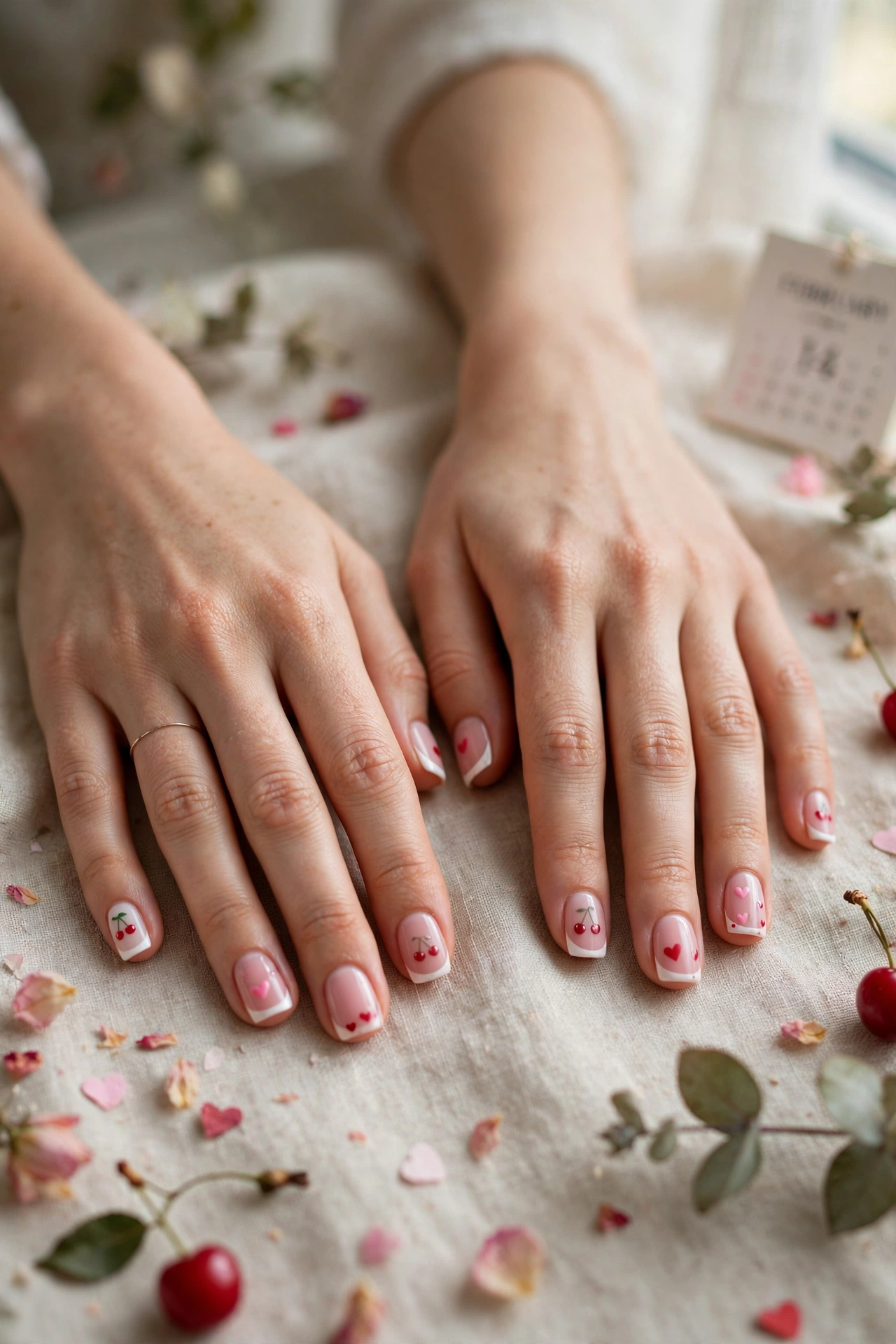 Cherry and Blush Red and Pink Heart Nail Designs in Short Square Shape with a Classic French Tip