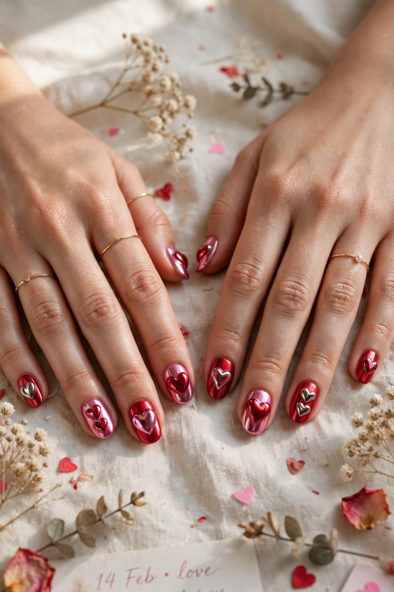 Scarlet and Pink Red and Pink Heart Nail Designs in Round Shape with a Chrome Shine