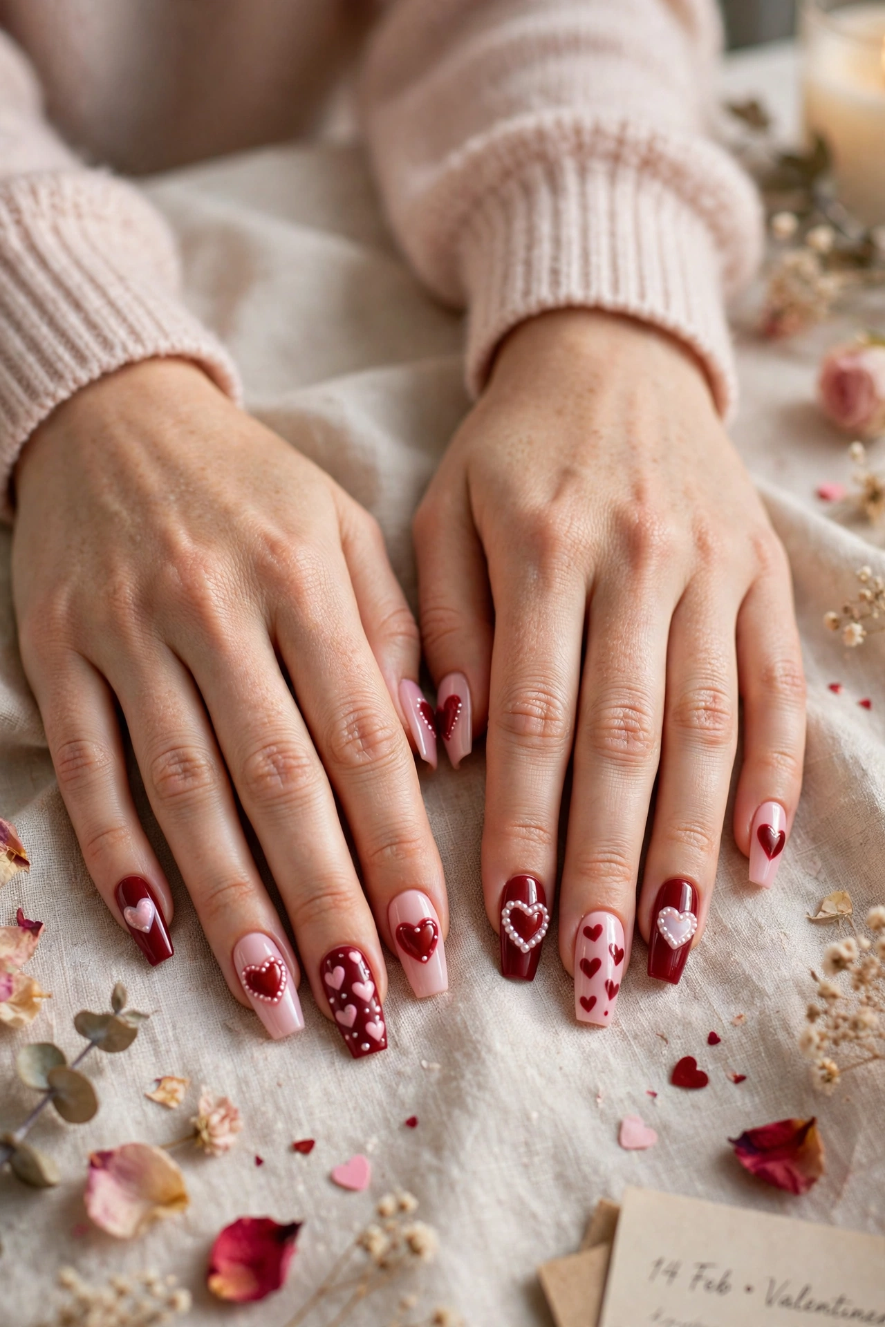Deep Red and Soft Pink Red and Pink Heart Nail Designs in Coffin Shape with a Pearl Finish