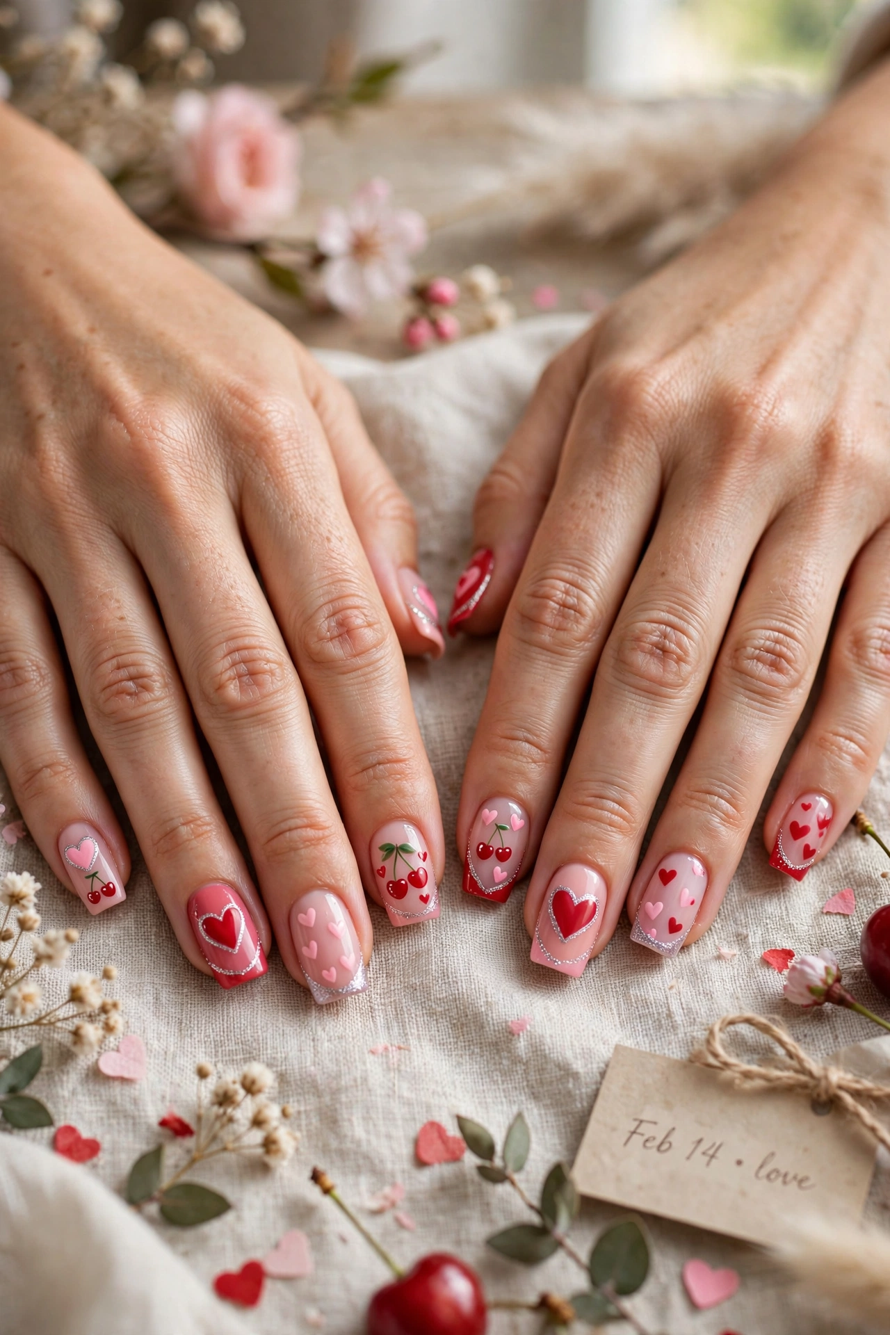 Cherry and Blush Red and Pink Heart Nail Designs in Squoval Shape with a Silver Shimmer Line
