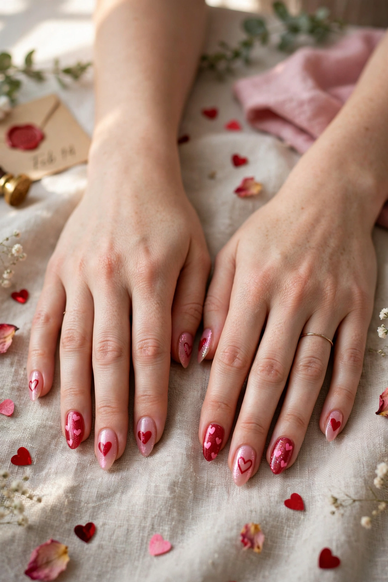 Scarlet and Pink Red and Pink Heart Nail Designs in Almond Shape with a Sheer Shimmer Layer