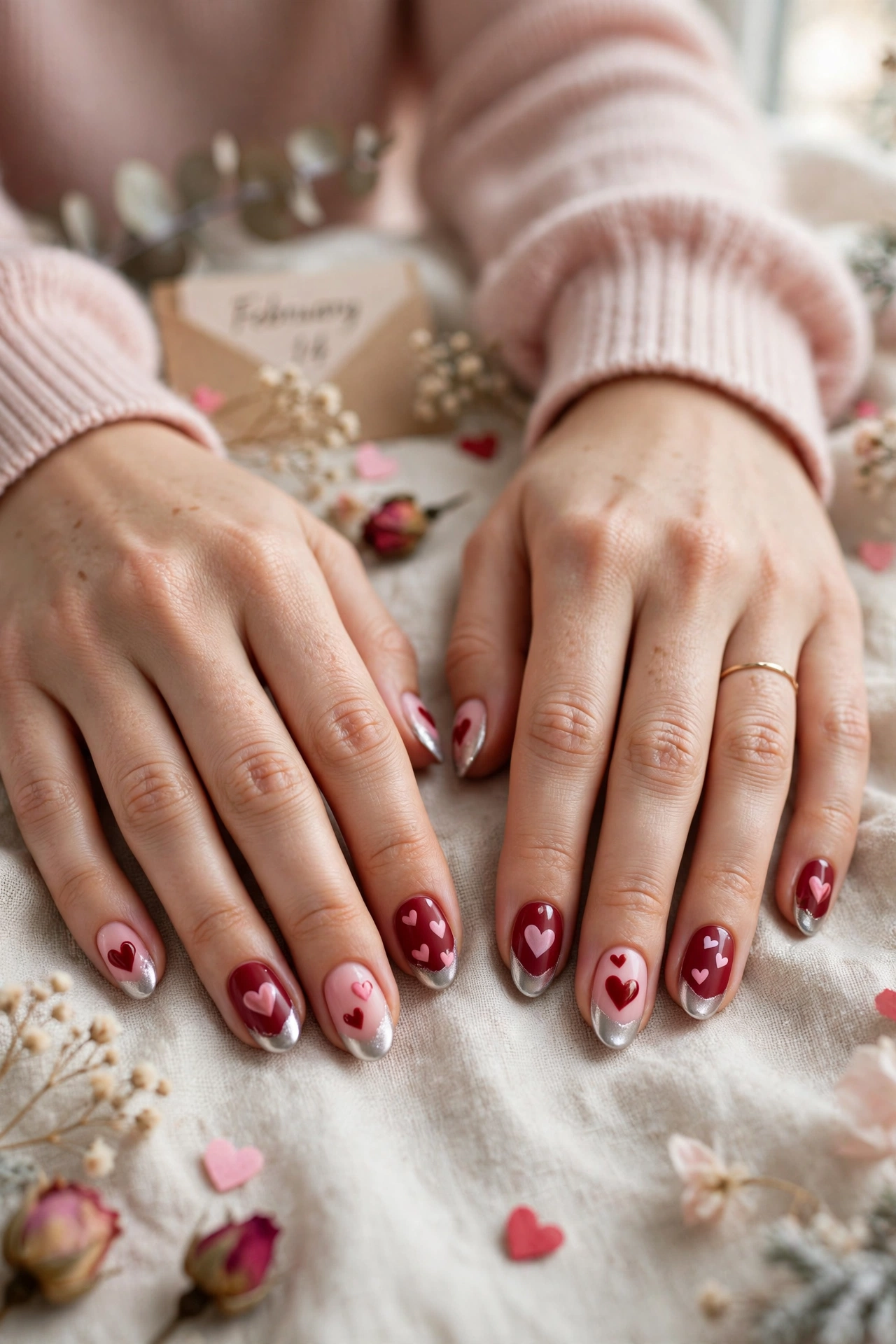 Deep Red and Soft Pink Red and Pink Heart Nail Designs in Oval Shape with a Frosted Chrome Tip