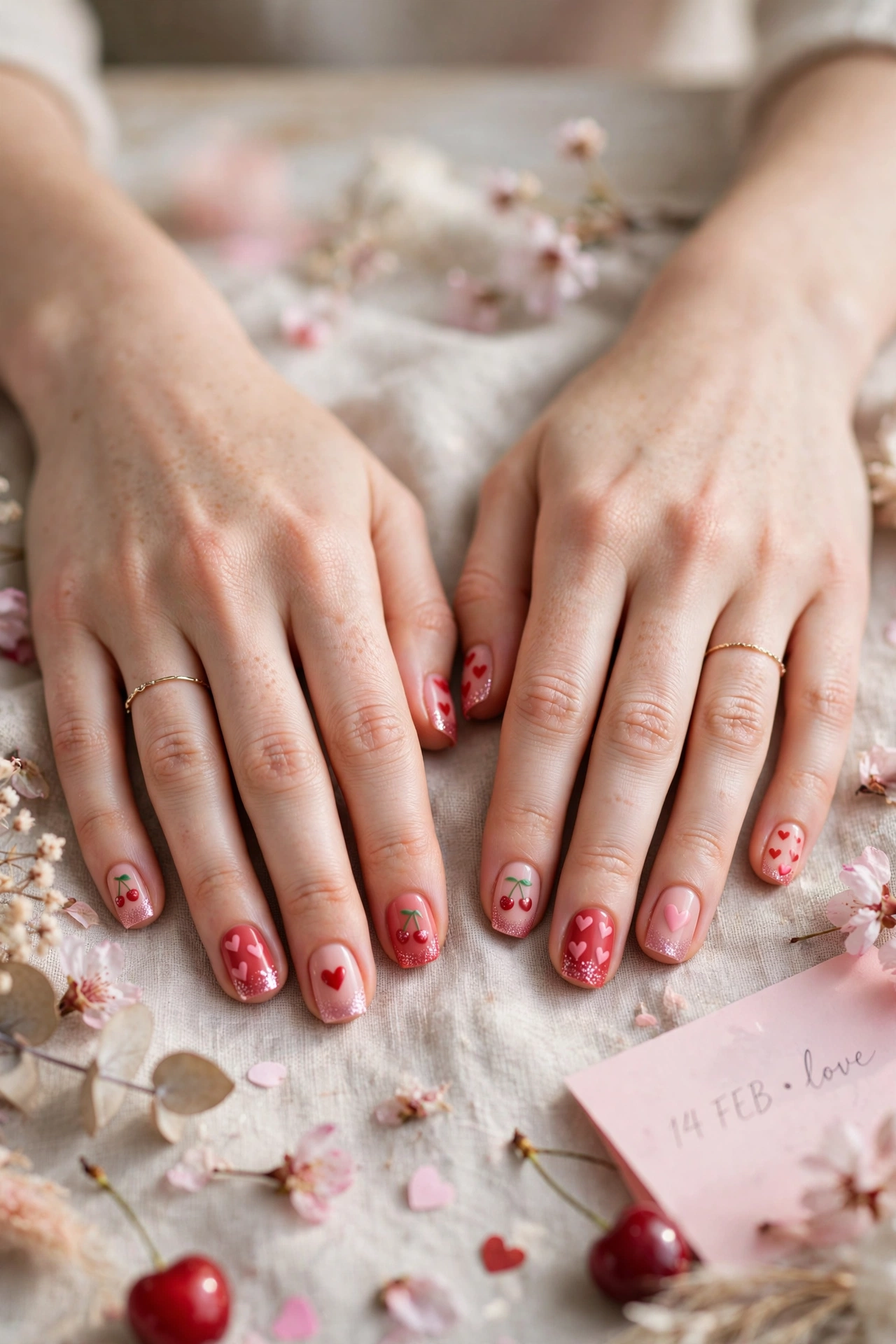 Cherry and Blush Red and Pink Heart Nail Designs in Short Square Shape with a Glitter Fade Tip