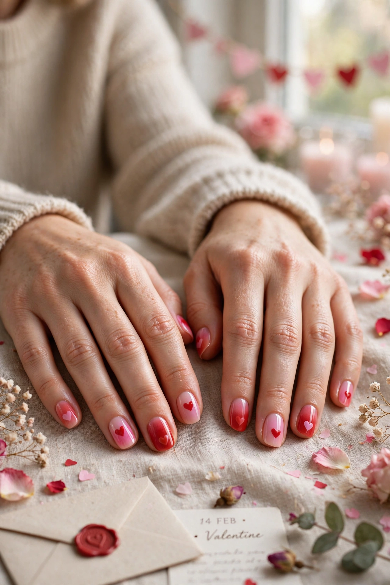 Scarlet and Pink Red and Pink Heart Nail Designs in Round Shape with a Soft Ombré Fade