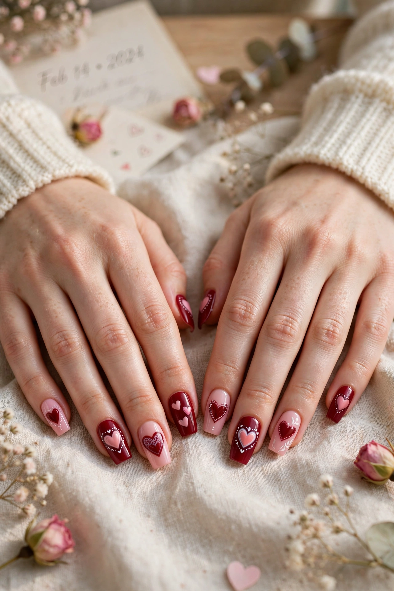 Deep Red and Soft Pink Red and Pink Heart Nail Designs in Coffin Shape with a Delicate White Detail