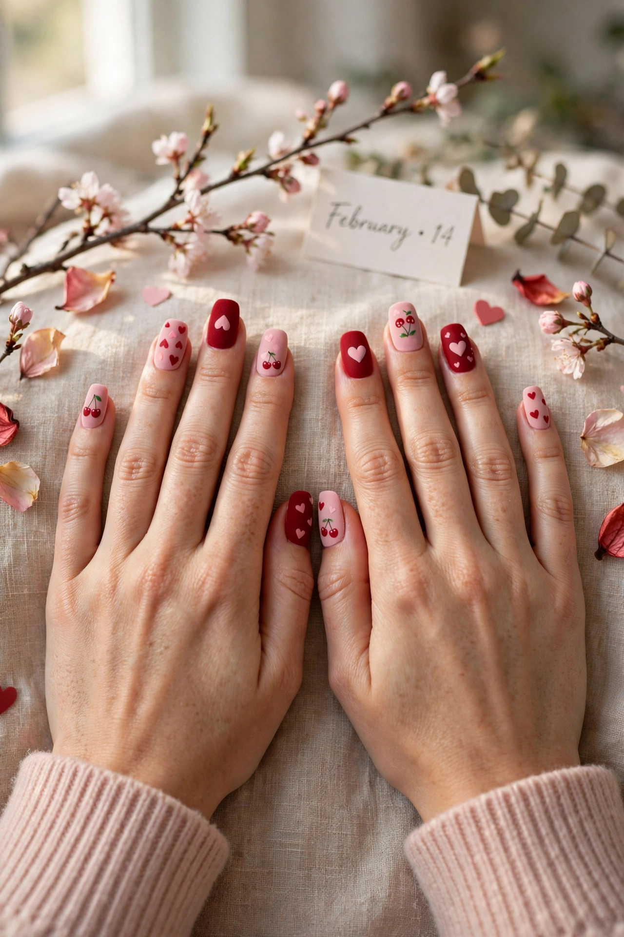 Cherry and Blush Red and Pink Heart Nail Designs in Squoval Shape with a Velvet Matte Finish